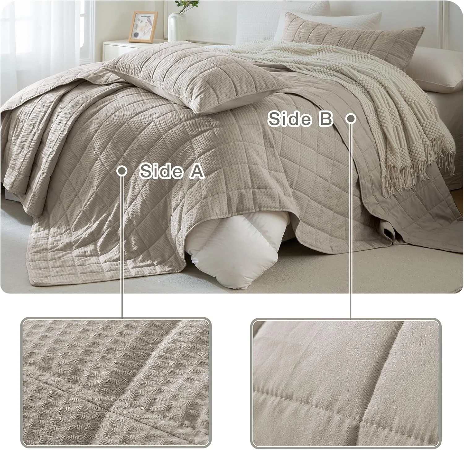 لحاف بزرگ کینگ ماساکا، 325x305 سانتی‌متر، بافت وافل خاکی تیره، روتختی بزرگ کینگ، 3 تکه، نرم، سبک وزن، مناسب تمام فصول، رو تختی بزرگ کالیفرنیا کینگ مناسب خانه های روستایی