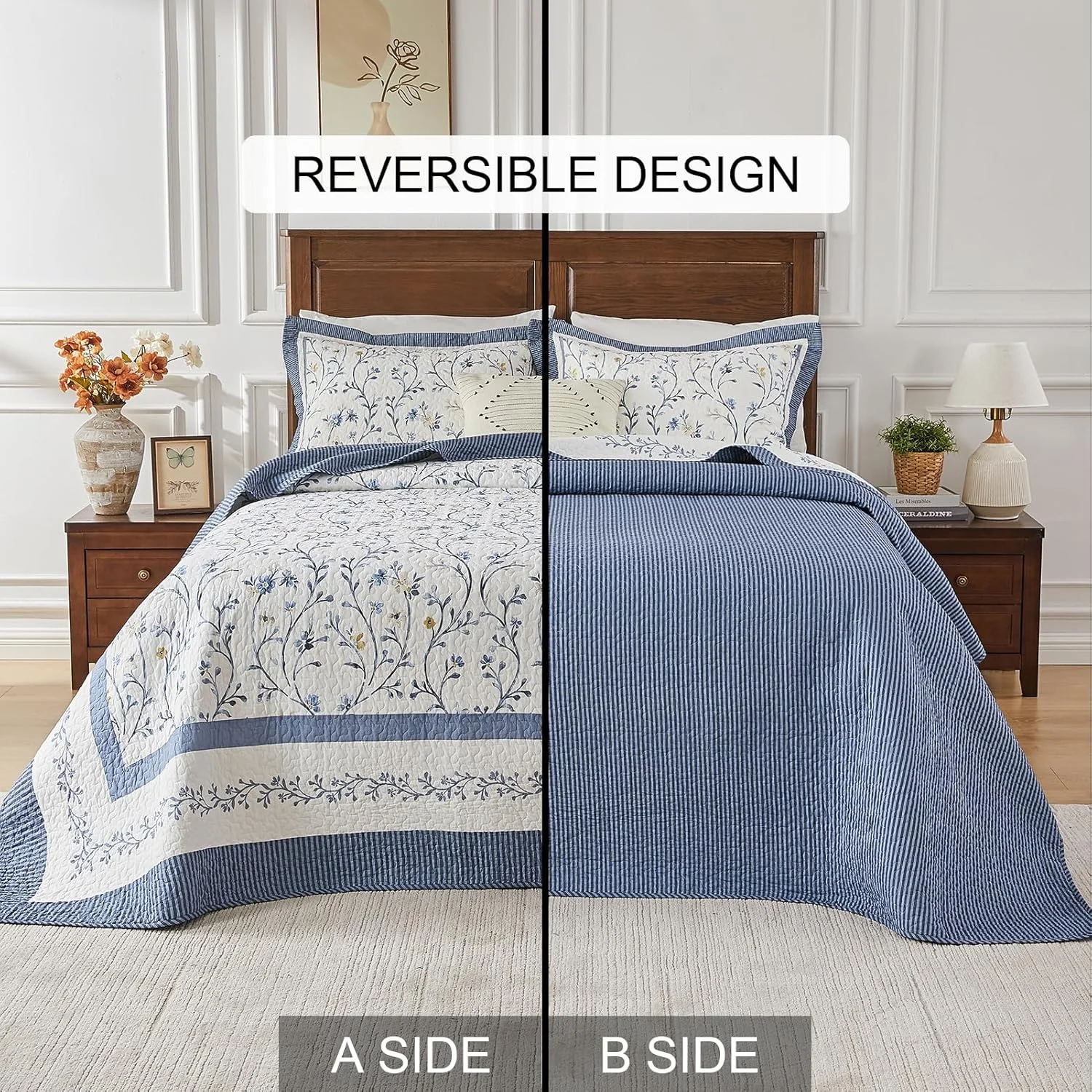 Bedduvit Blue Floral Oversized King Bedspread Set - 100% Cotton 120"x120" Extra Large Quilts King Size, Farmhouse Botanical Bedspreads Coverlet, All Season Lightweight Quilt, 3pcs, Blue/White/Yellow