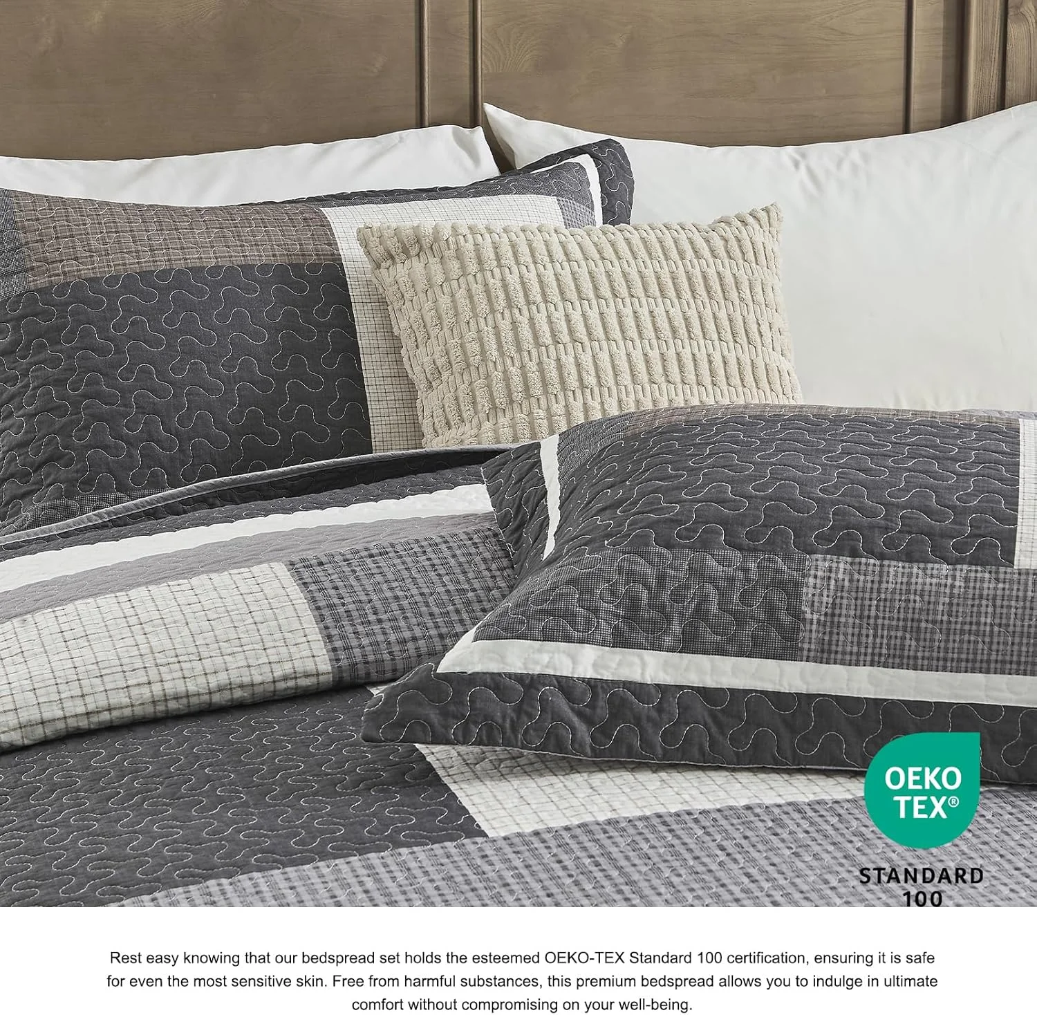 روتختی پنبه ای بسیار بزرگ DDUOXIN مناسب تخت کینگ سایز، عرض 325 سانتی متر در طول 305 سانتی متر - لحاف کالیفرنیا کینگ سبک وزن به همراه 2 روبالشتی، روتختی های دو رو طرح مزرعه، ذغالی طوسی/طوسی/قهوه ای/سفید