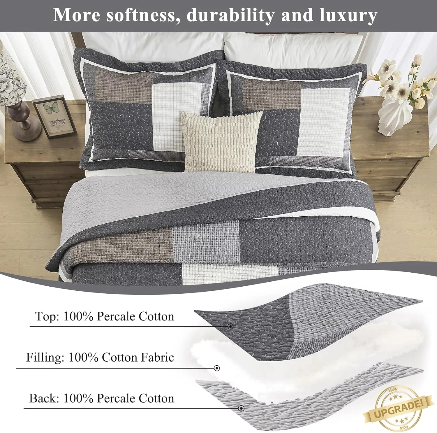 روتختی کینگ سایز بزرگ 325x305 فوق عریض - ست لحاف کالیفرنیا کینگ طرح شطرنج نامنظم مزرعه، ست روتختی سبک وزن 3 تکه، کالیفرنیا کینگ، خاکستری/سفید