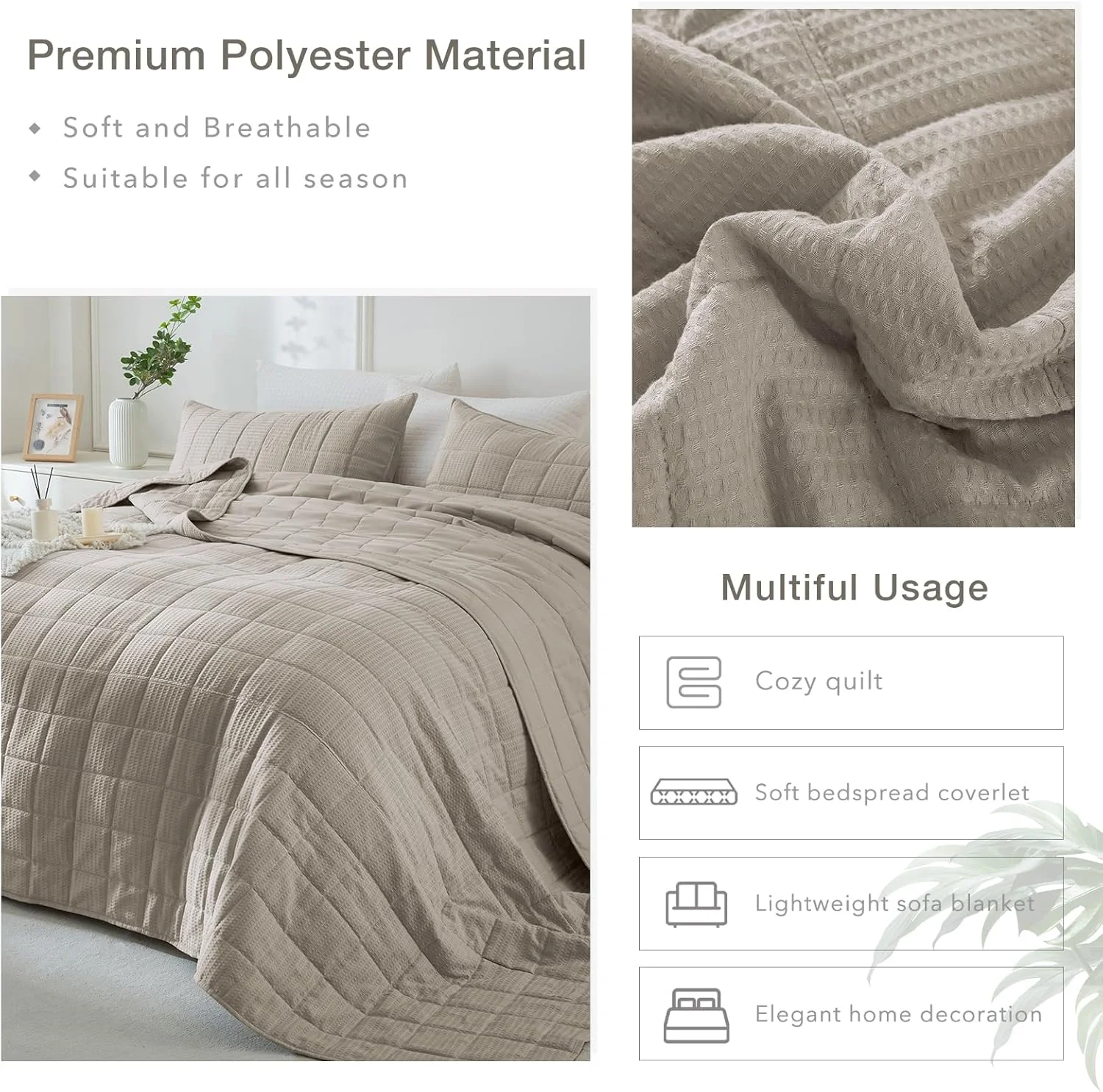 لحاف بزرگ کینگ ماساکا، 325x305 سانتی‌متر، بافت وافل خاکی تیره، روتختی بزرگ کینگ، 3 تکه، نرم، سبک وزن، مناسب تمام فصول، رو تختی بزرگ کالیفرنیا کینگ مناسب خانه های روستایی