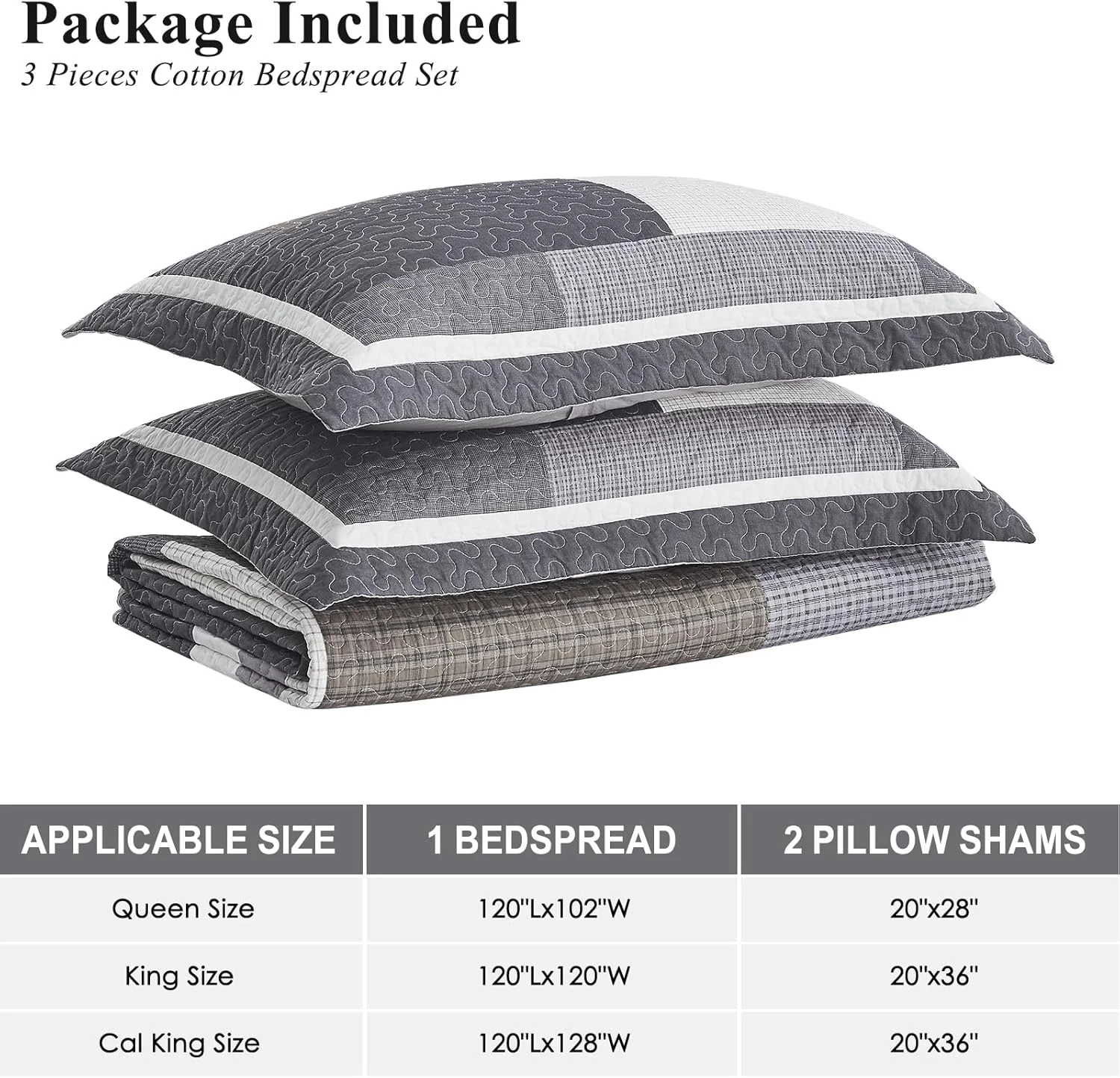 روتختی کینگ سایز بزرگ 325x305 فوق عریض - ست لحاف کالیفرنیا کینگ طرح شطرنج نامنظم مزرعه، ست روتختی سبک وزن 3 تکه، کالیفرنیا کینگ، خاکستری/سفید