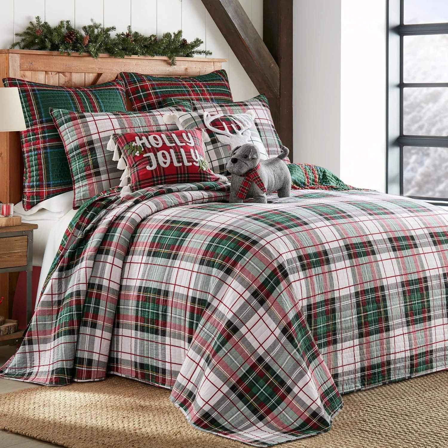 روتختی لحاف دار طرح چهارخانه اسپنسر Levtex Home - سایز کوئین (279x269 سانتی متر) - سبز قرمز سفید - دو رو - پنبه