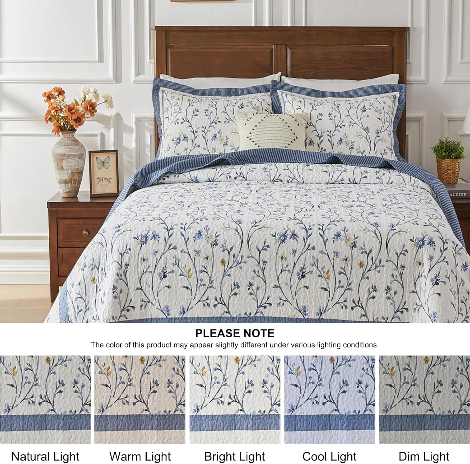 Bedduvit Blue Floral Oversized King Bedspread Set - 100% Cotton 120"x120" Extra Large Quilts King Size, Farmhouse Botanical Bedspreads Coverlet, All Season Lightweight Quilt, 3pcs, Blue/White/Yellow