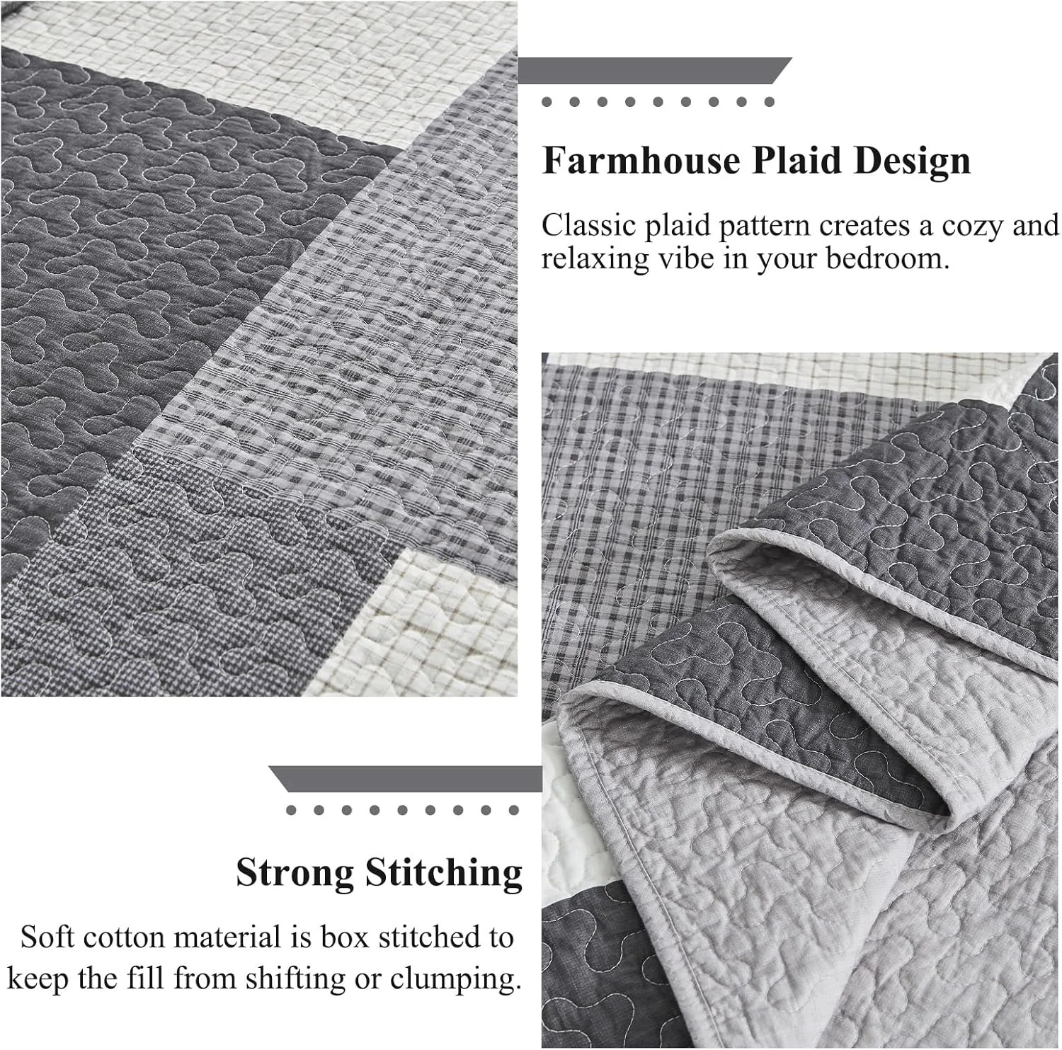 روتختی کینگ سایز بزرگ 325x305 فوق عریض - ست لحاف کالیفرنیا کینگ طرح شطرنج نامنظم مزرعه، ست روتختی سبک وزن 3 تکه، کالیفرنیا کینگ، خاکستری/سفید
