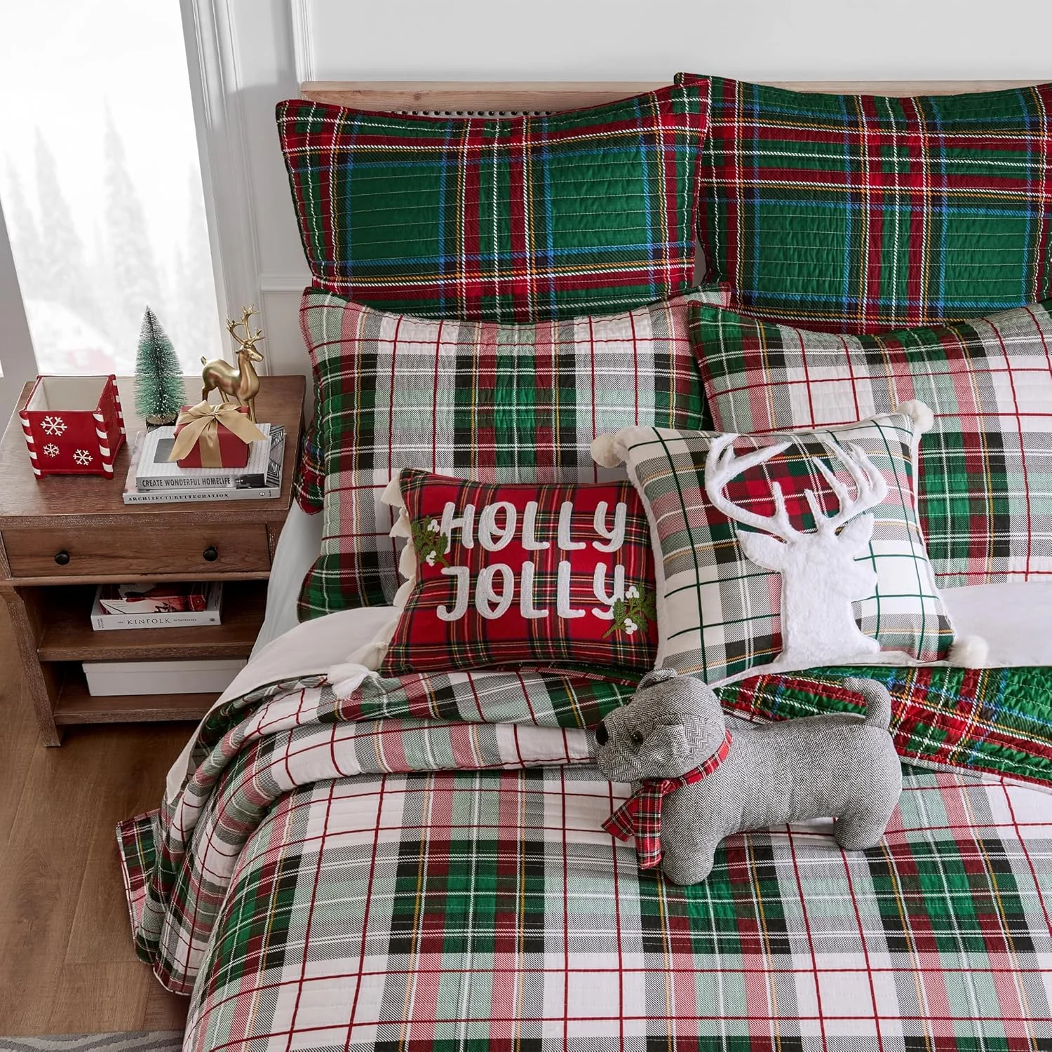 روتختی لحاف دار طرح چهارخانه اسپنسر Levtex Home - سایز کوئین (279x269 سانتی متر) - سبز قرمز سفید - دو رو - پنبه