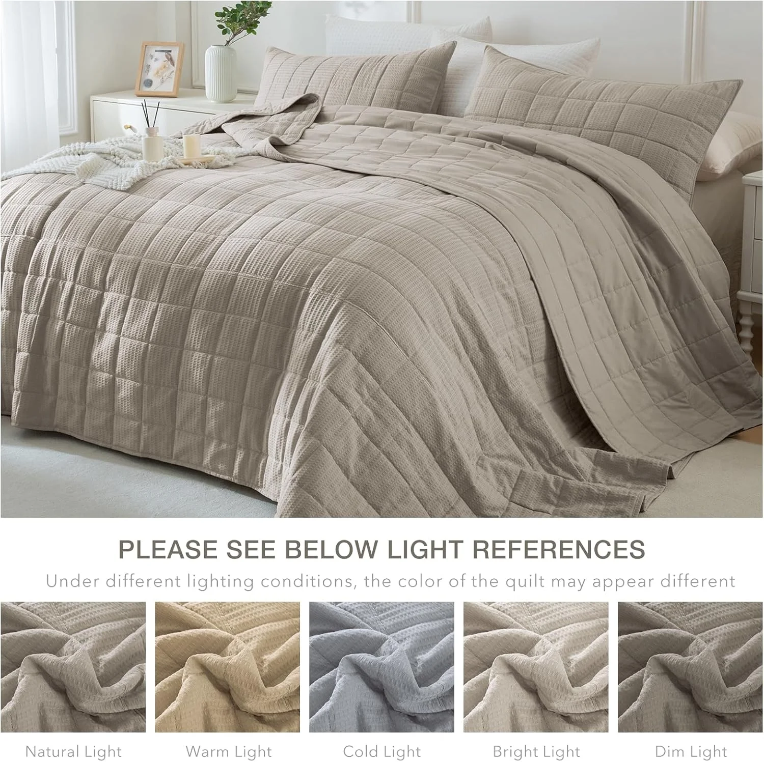 لحاف بزرگ کینگ ماساکا، 325x305 سانتی‌متر، بافت وافل خاکی تیره، روتختی بزرگ کینگ، 3 تکه، نرم، سبک وزن، مناسب تمام فصول، رو تختی بزرگ کالیفرنیا کینگ مناسب خانه های روستایی