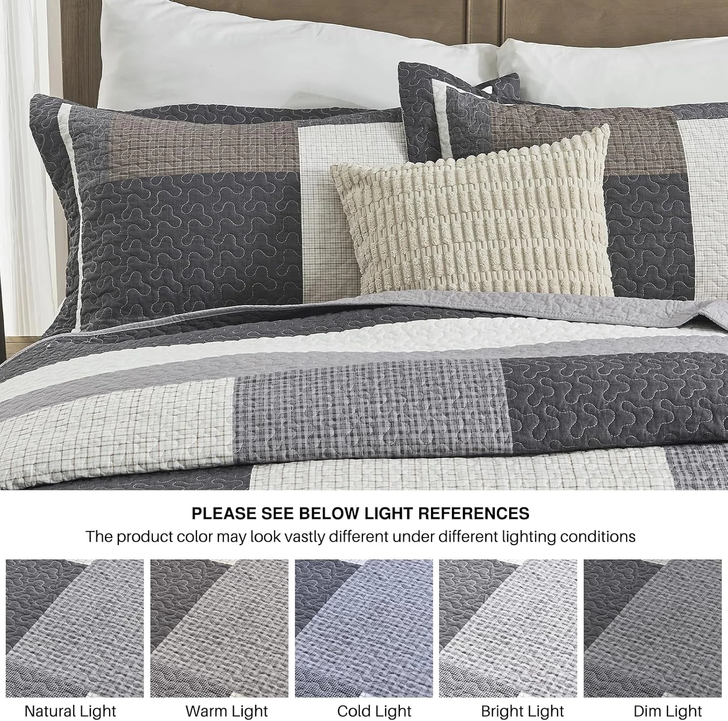 روتختی پنبه ای بسیار بزرگ DDUOXIN مناسب تخت کینگ سایز، عرض 325 سانتی متر در طول 305 سانتی متر - لحاف کالیفرنیا کینگ سبک وزن به همراه 2 روبالشتی، روتختی های دو رو طرح مزرعه، ذغالی طوسی/طوسی/قهوه ای/سفید