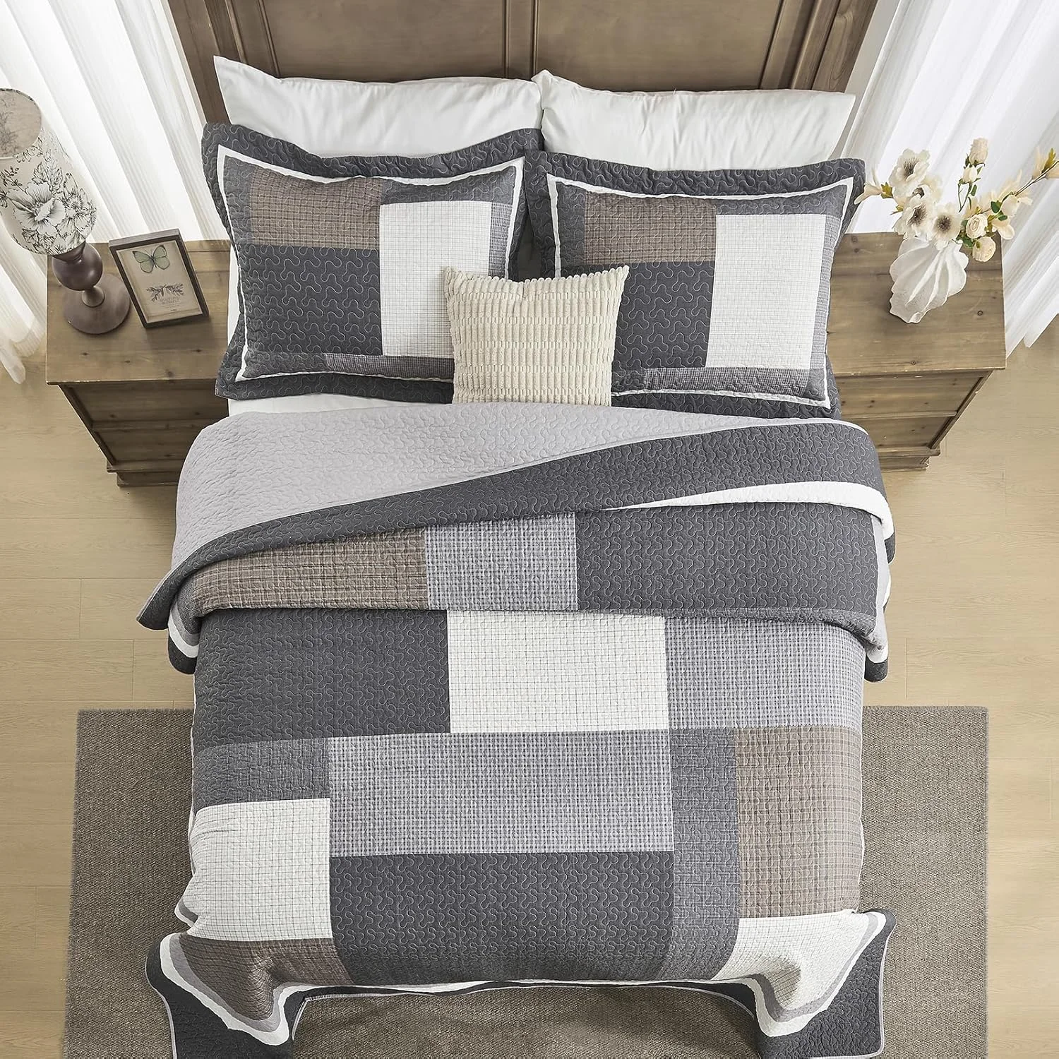 روتختی کینگ سایز بزرگ 325x305 فوق عریض - ست لحاف کالیفرنیا کینگ طرح شطرنج نامنظم مزرعه، ست روتختی سبک وزن 3 تکه، کالیفرنیا کینگ، خاکستری/سفید