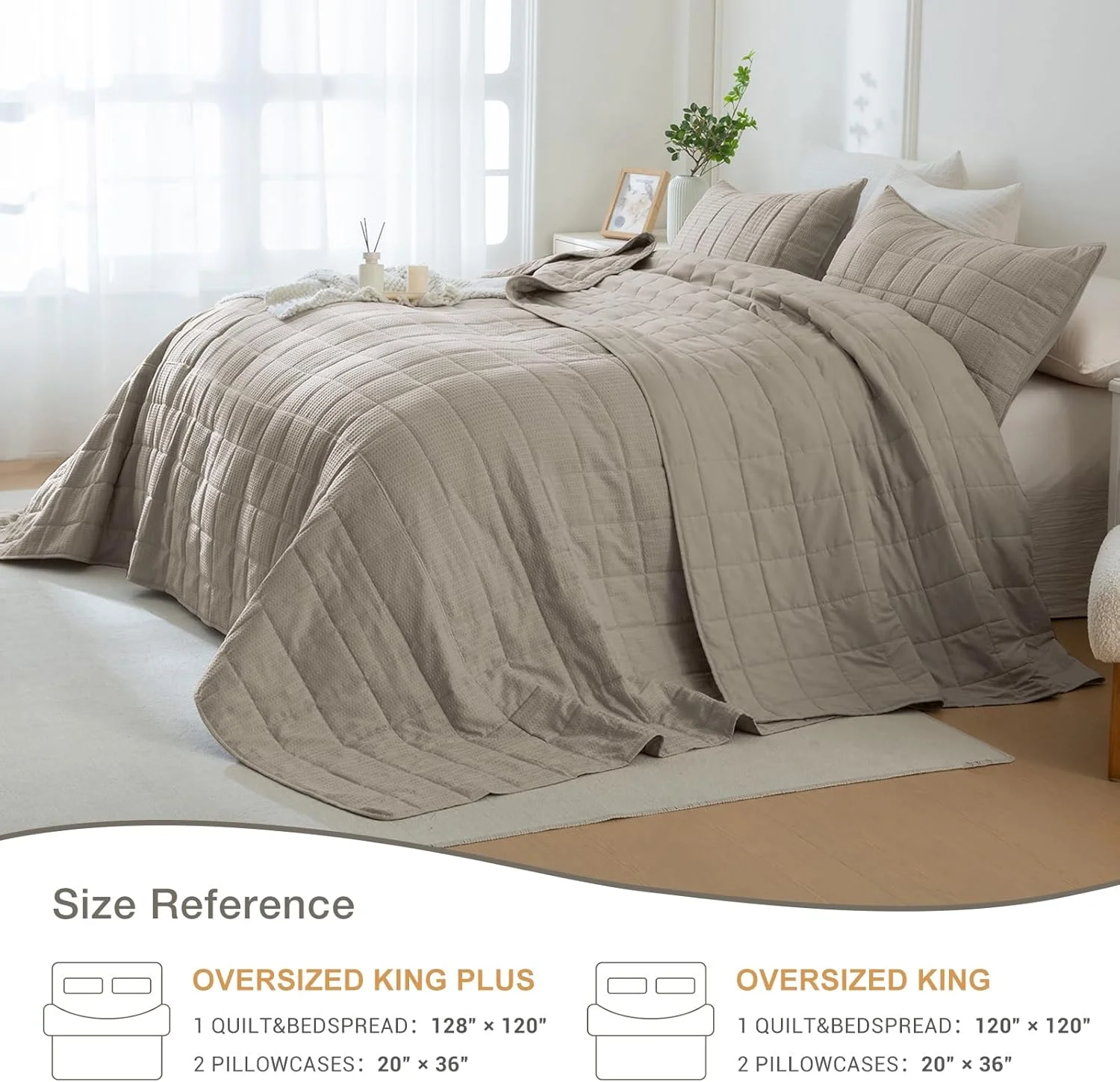 لحاف بزرگ کینگ ماساکا، 325x305 سانتی‌متر، بافت وافل خاکی تیره، روتختی بزرگ کینگ، 3 تکه، نرم، سبک وزن، مناسب تمام فصول، رو تختی بزرگ کالیفرنیا کینگ مناسب خانه های روستایی