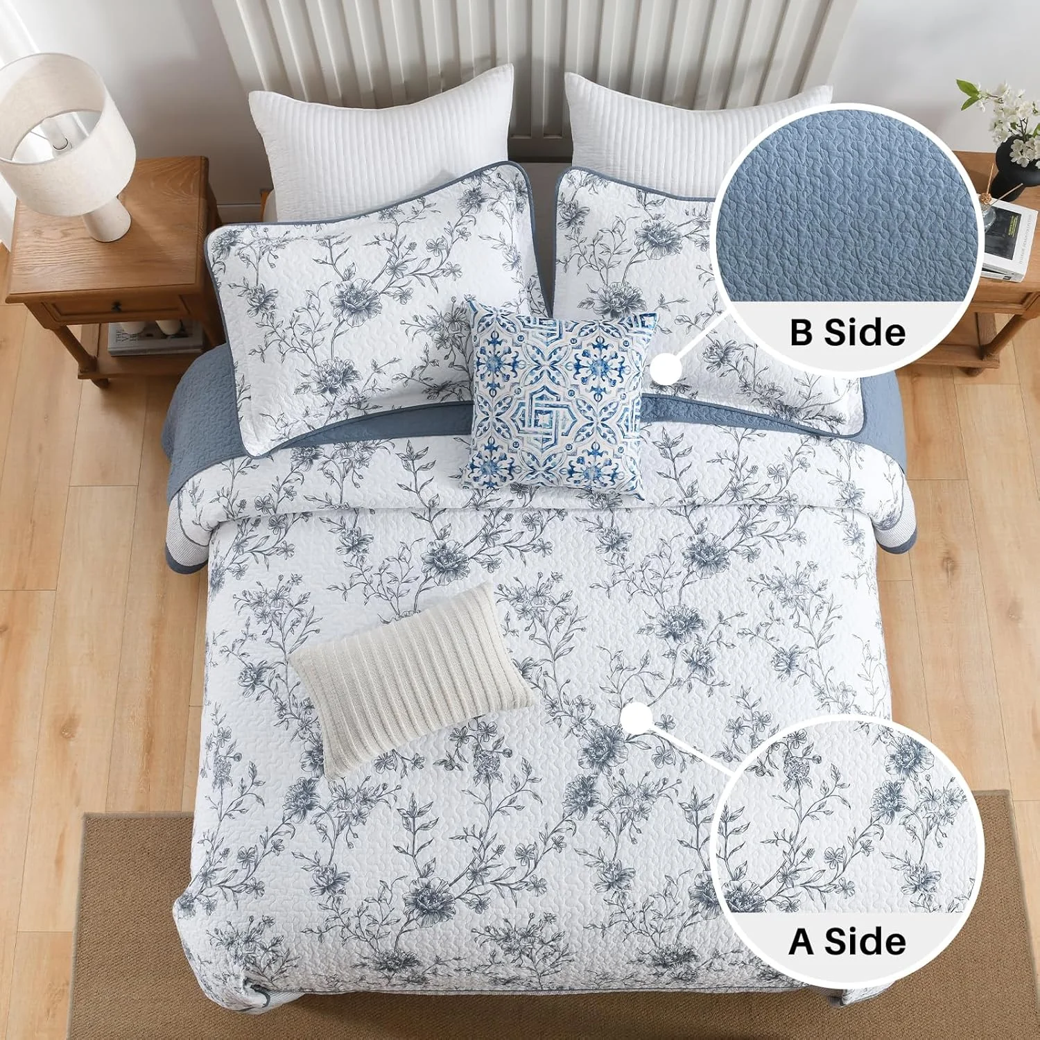 روتختی کینگ سایز بزرگ فاین استیچری 305x305 سانتی متر، لحاف طرح گل سوپر کینگ 100% پنبه ای، رو تختی دو رو، ست روتختی لحافی سبک وزن طرح خانه روستایی 3 تکه