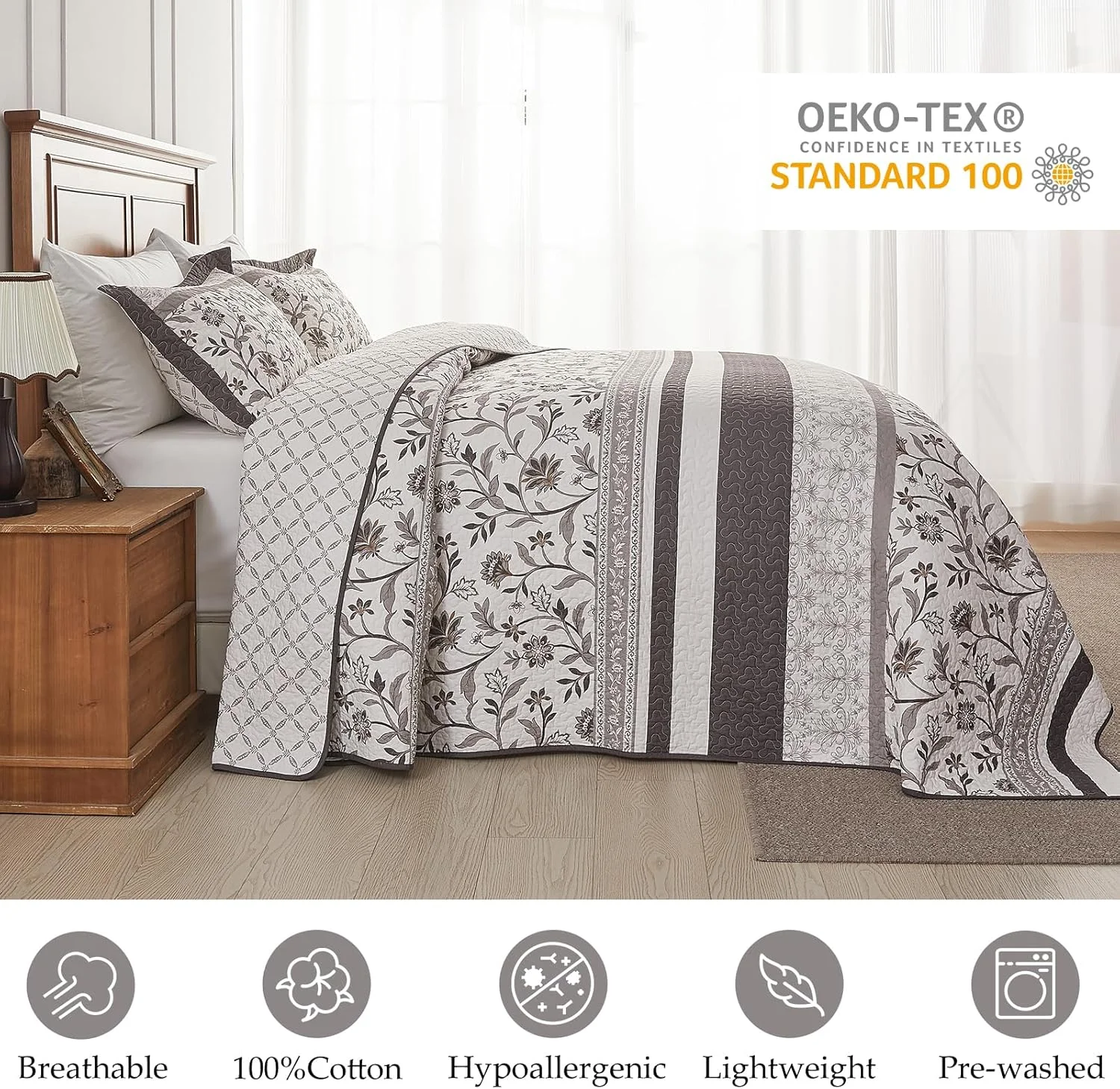 روتختی کینگ سایز بزرگ CozyStitch ابعاد 325x305 طرح راه راه گلدار، ست ملحفه بسیار بزرگ مناسب تمام فصول، روتختی سبک وزن طرح گیاهی، بژ/قهوه ای، 3 تکه