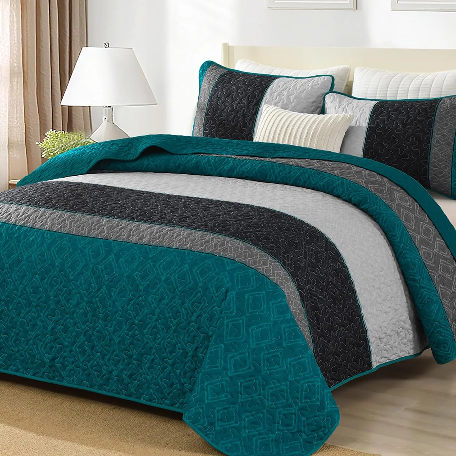 ست لحاف بوهو سایز کوئین، ست روتختی راه راه چهارخانه، ست روتختی آبی طاووسی، ست روتختی میکروفایبر نرم با 2 روبالشی 244x228 سانتی متر ست لحاف بوهو سایز کوئین، ست روتختی راه راه چهارخانه، ست روتختی آبی طاووسی، ست روتختی میکروفایبر نرم با 2 روبالشی 244x228 سانتی متر