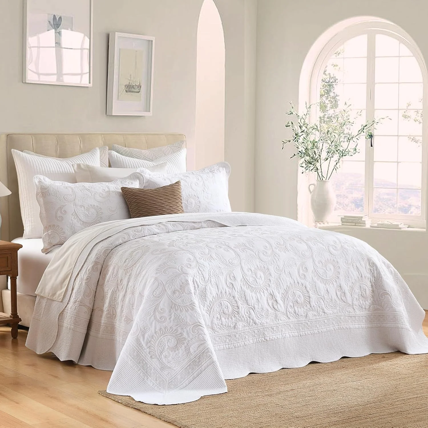 روتختی کینگ سایز بزرگ SOElinens 120x120 - گلدوزی طرح گل و بوته با لبه دالبری، ست لحاف کالیفرنیا کینگ، ست روانداز سبک و نازک 3 تکه، 100% پنبه، کالیفرنیا کینگ، بژ/سفید روتختی کینگ سایز بزرگ SOElinens 120x120 - گلدوزی طرح گل و بوته با لبه دالبری، ست لحاف کالیفرنیا کینگ، ست روانداز سبک و نازک 3 تکه، 100% پنبه، کالیفرنیا کینگ، بژ/سفید