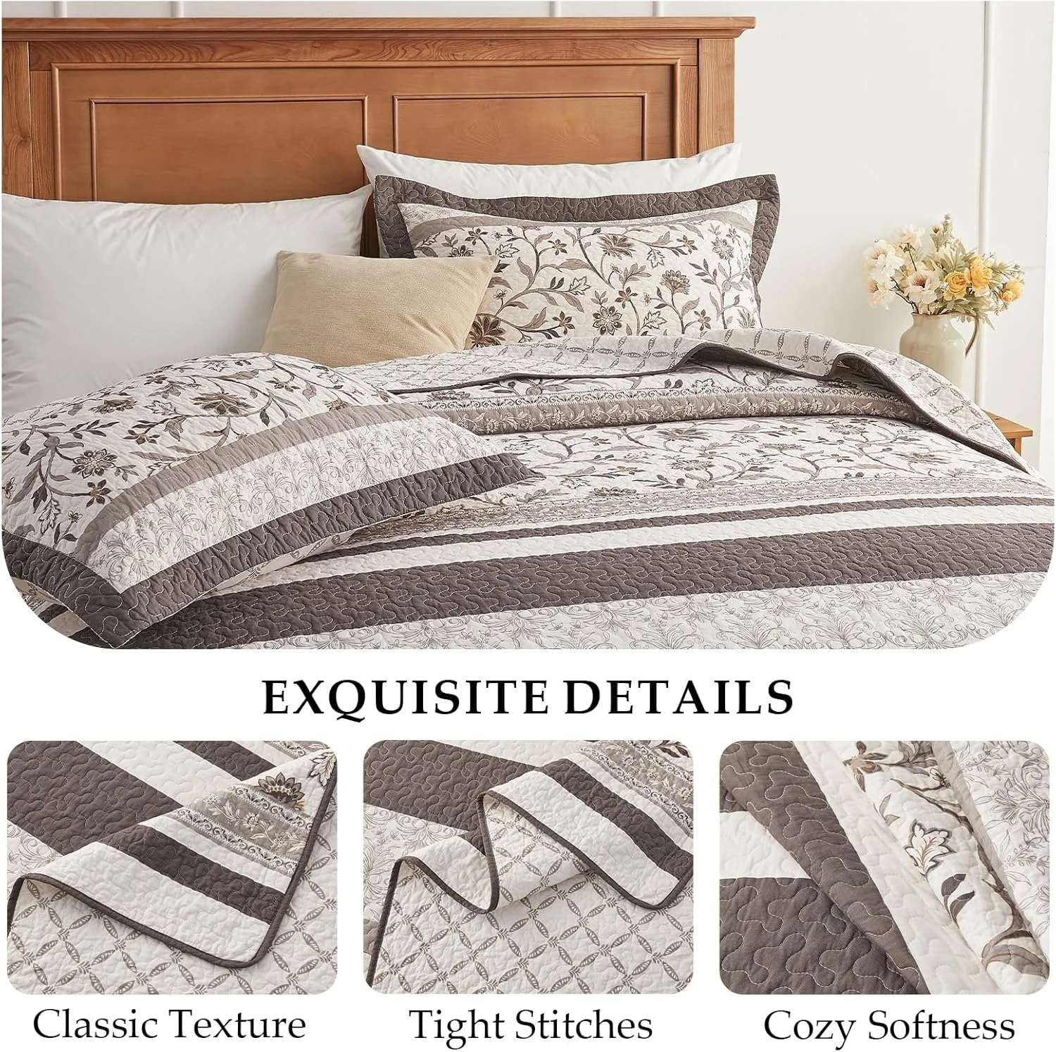 روتختی کینگ سایز بزرگ CozyStitch ابعاد 325x305 طرح راه راه گلدار، ست ملحفه بسیار بزرگ مناسب تمام فصول، روتختی سبک وزن طرح گیاهی، بژ/قهوه ای، 3 تکه