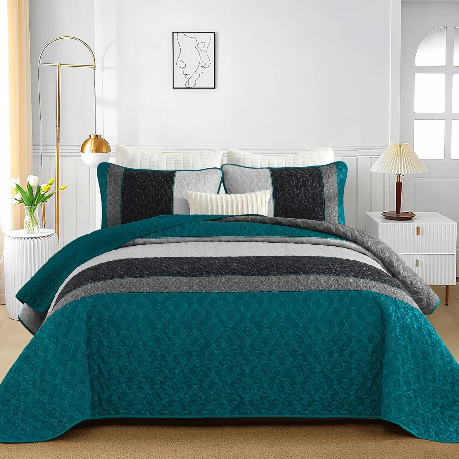 ست لحاف بوهو سایز کوئین، ست روتختی راه راه چهارخانه، ست روتختی آبی طاووسی، ست روتختی میکروفایبر نرم با 2 روبالشی 244x228 سانتی متر