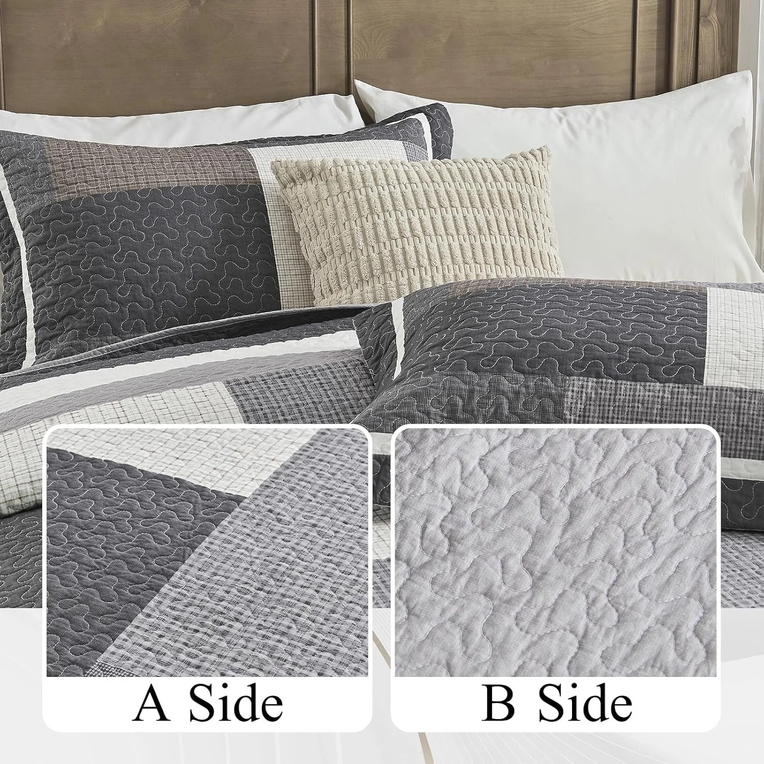 روتختی پنبه ای بسیار بزرگ DDUOXIN مناسب تخت کینگ سایز، عرض 325 سانتی متر در طول 305 سانتی متر - لحاف کالیفرنیا کینگ سبک وزن به همراه 2 روبالشتی، روتختی های دو رو طرح مزرعه، ذغالی طوسی/طوسی/قهوه ای/سفید