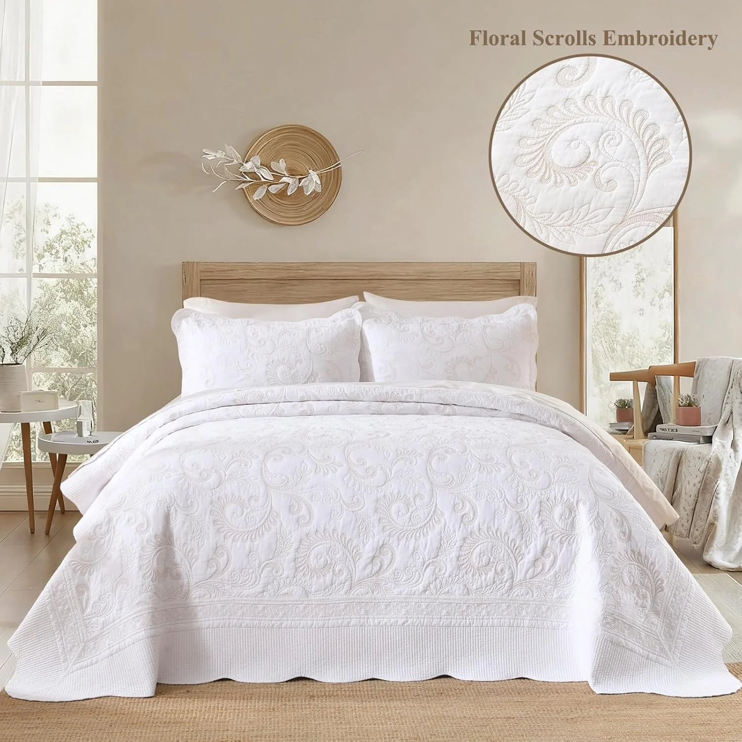 روتختی کینگ سایز بزرگ SOElinens 120x120 - گلدوزی طرح گل و بوته با لبه دالبری، ست لحاف کالیفرنیا کینگ، ست روانداز سبک و نازک 3 تکه، 100% پنبه، کالیفرنیا کینگ، بژ/سفید روتختی کینگ سایز بزرگ SOElinens 120x120 - گلدوزی طرح گل و بوته با لبه دالبری، ست لحاف کالیفرنیا کینگ، ست روانداز سبک و نازک 3 تکه، 100% پنبه، کالیفرنیا کینگ، بژ/سفید