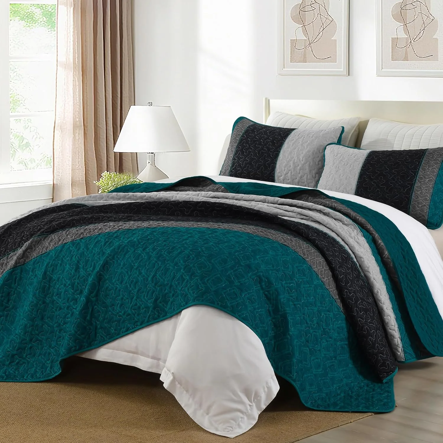 ست لحاف بوهو سایز کوئین، ست روتختی راه راه چهارخانه، ست روتختی آبی طاووسی، ست روتختی میکروفایبر نرم با 2 روبالشی 244x228 سانتی متر