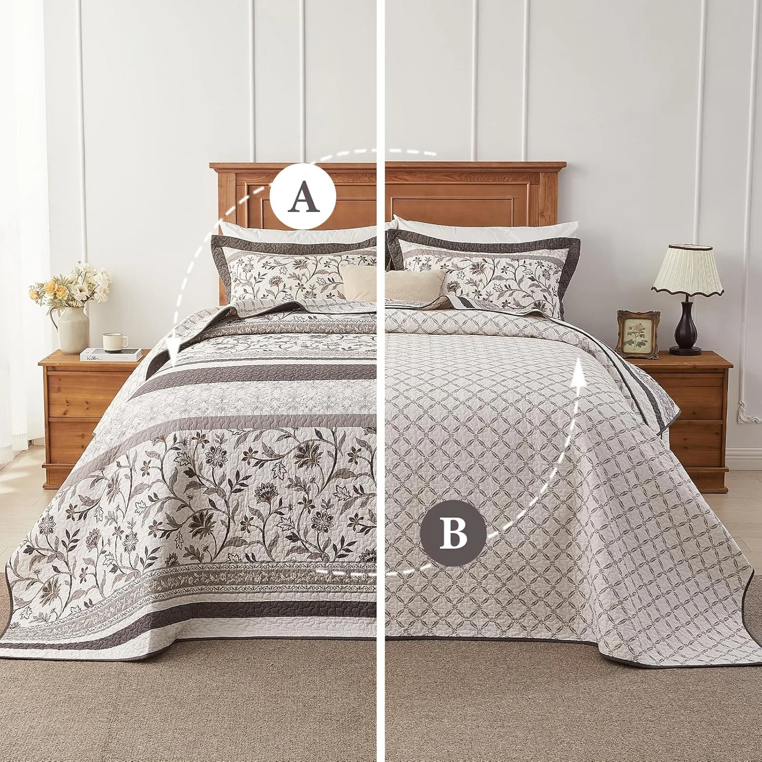 روتختی کینگ سایز بزرگ CozyStitch ابعاد 325x305 طرح راه راه گلدار، ست ملحفه بسیار بزرگ مناسب تمام فصول، روتختی سبک وزن طرح گیاهی، بژ/قهوه ای، 3 تکه