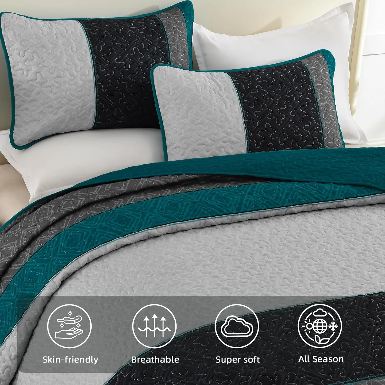 ست لحاف بوهو سایز کوئین، ست روتختی راه راه چهارخانه، ست روتختی آبی طاووسی، ست روتختی میکروفایبر نرم با 2 روبالشی 244x228 سانتی متر