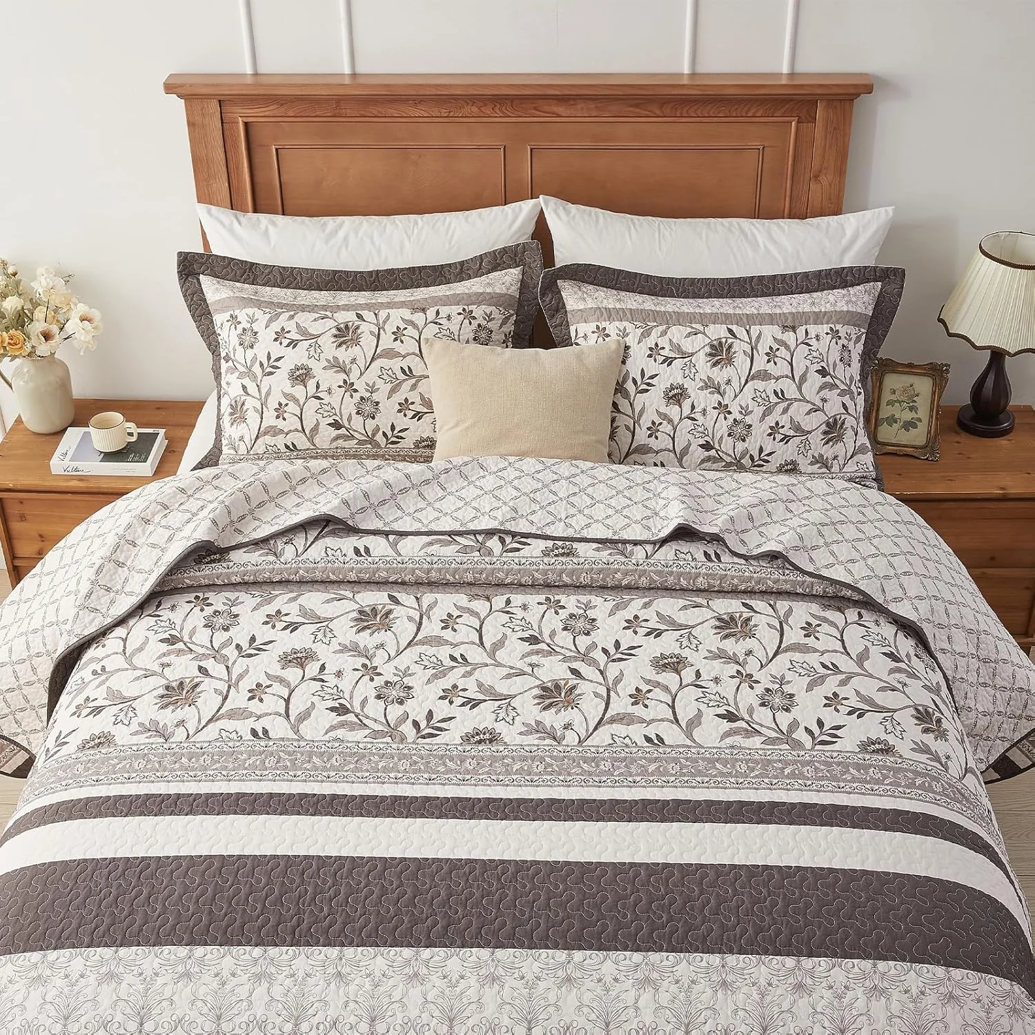 روتختی کینگ سایز بزرگ CozyStitch ابعاد 325x305 طرح راه راه گلدار، ست ملحفه بسیار بزرگ مناسب تمام فصول، روتختی سبک وزن طرح گیاهی، بژ/قهوه ای، 3 تکه