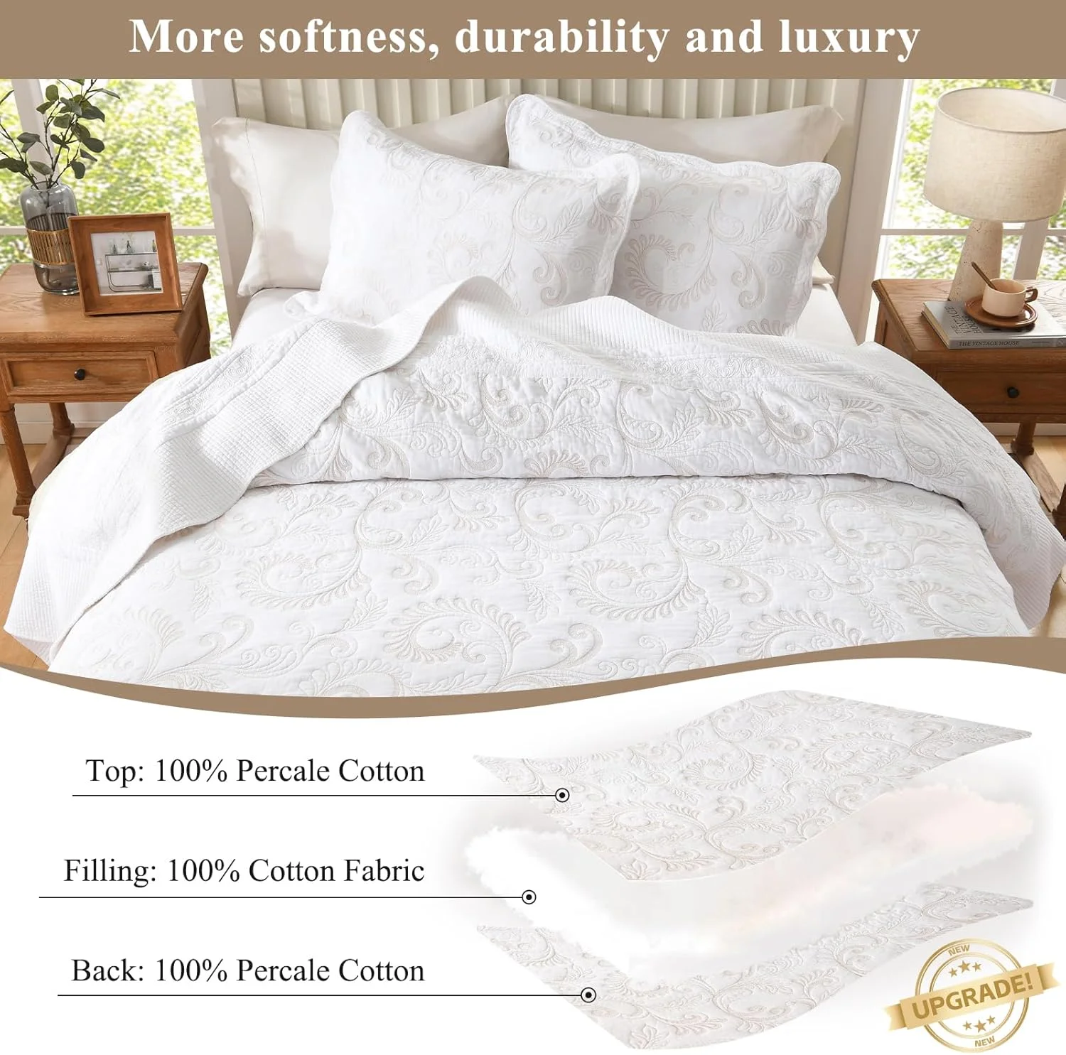 روتختی کینگ سایز بزرگ SOElinens 120x120 - گلدوزی طرح گل و بوته با لبه دالبری، ست لحاف کالیفرنیا کینگ، ست روانداز سبک و نازک 3 تکه، 100% پنبه، کالیفرنیا کینگ، بژ/سفید روتختی کینگ سایز بزرگ SOElinens 120x120 - گلدوزی طرح گل و بوته با لبه دالبری، ست لحاف کالیفرنیا کینگ، ست روانداز سبک و نازک 3 تکه، 100% پنبه، کالیفرنیا کینگ، بژ/سفید