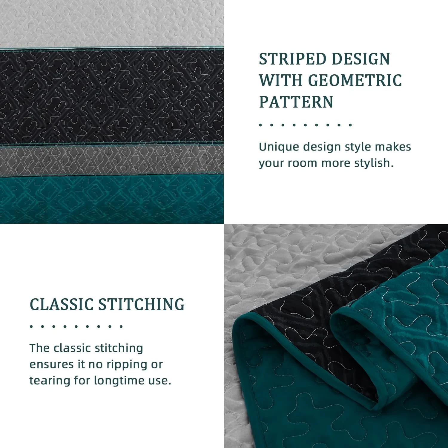 ست لحاف بوهو سایز کوئین، ست روتختی راه راه چهارخانه، ست روتختی آبی طاووسی، ست روتختی میکروفایبر نرم با 2 روبالشی 244x228 سانتی متر