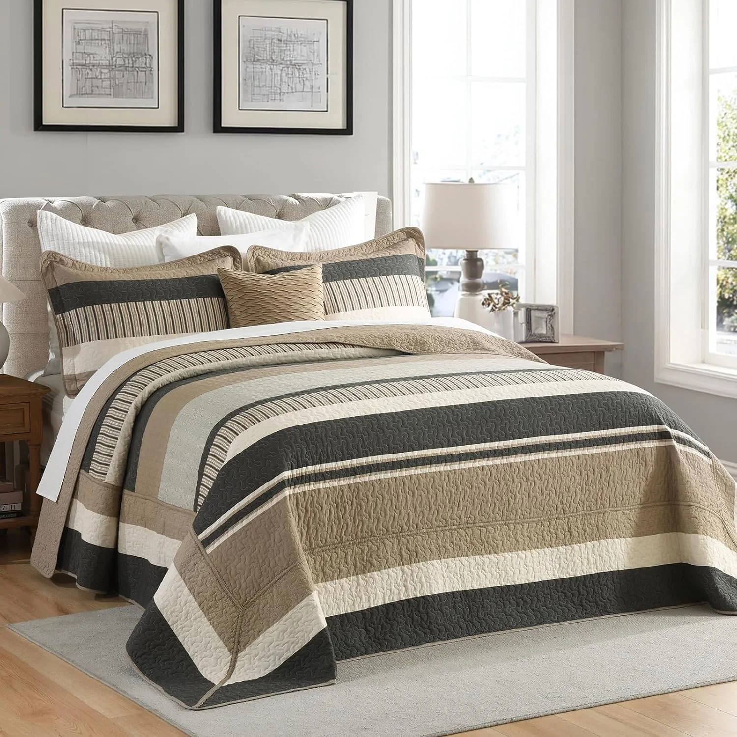 Finlonte Bedspread King Size 100% Cotton Oversized King Size Bedspreads Charcoal Brown Beige Extra Super King Quilted Bed Spread Striped Farmhouse Lightweight Soft Bedding Set for All Season, 3 Piece Finlonte Bedspread King Size 100% Cotton Oversized King Size Bedspreads Charcoal Brown Beige Extra Super King Quilted Bed Spread Striped Farmhouse Lightweight Soft Bedding Set for All Season, 3 Piece