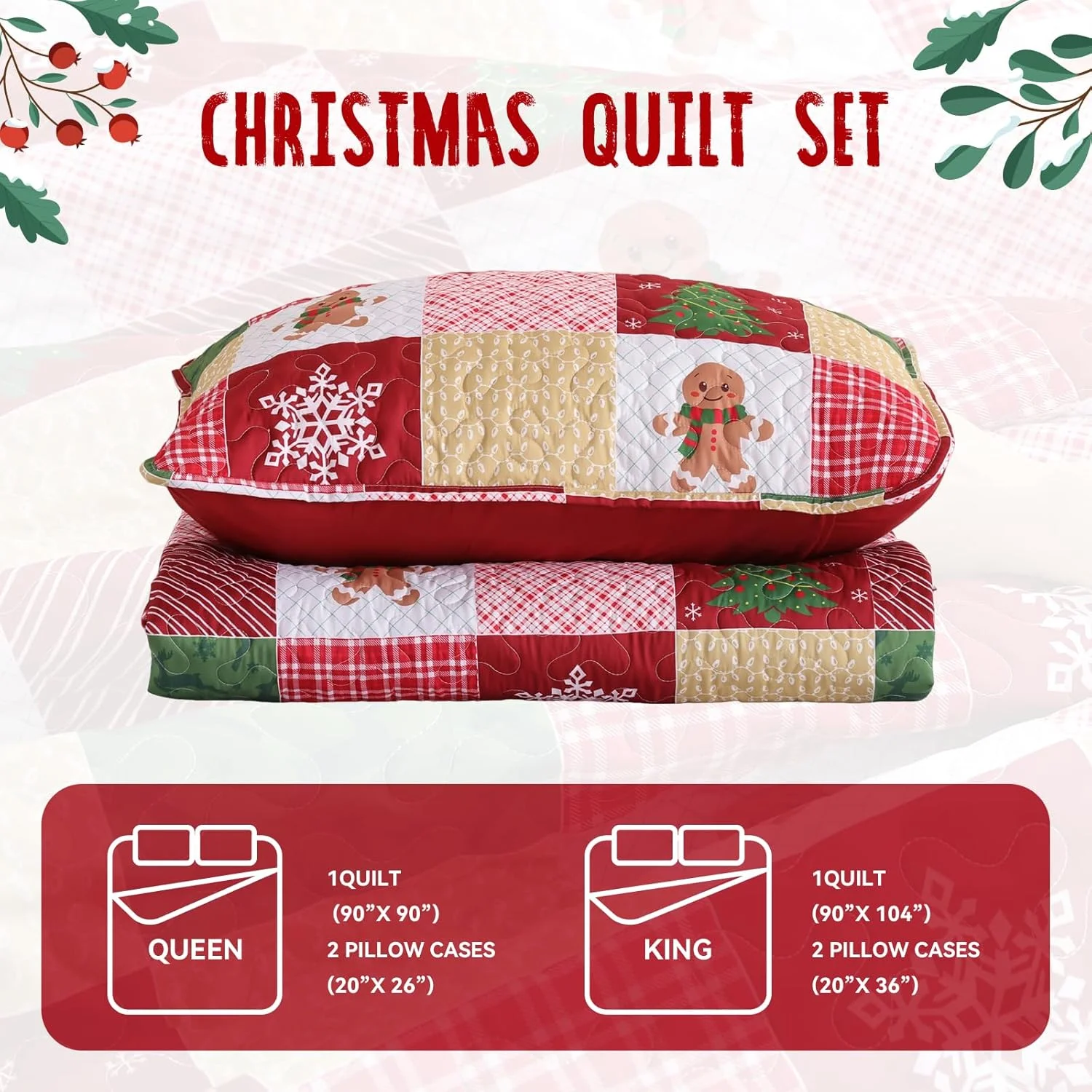 ست لحاف کریسمس سایز کوئین - روتختی تکه دوزی چهارخانه با طرح زنجبیلی، درخت کریسمس و دانه برف، لحاف سبک و نرم زمستانی برای هدیه و دکوراسیون منزل در تعطیلات ست لحاف کریسمس سایز کوئین - روتختی تکه دوزی چهارخانه با طرح زنجبیلی، درخت کریسمس و دانه برف، لحاف سبک و نرم زمستانی برای هدیه و دکوراسیون منزل در تعطیلات