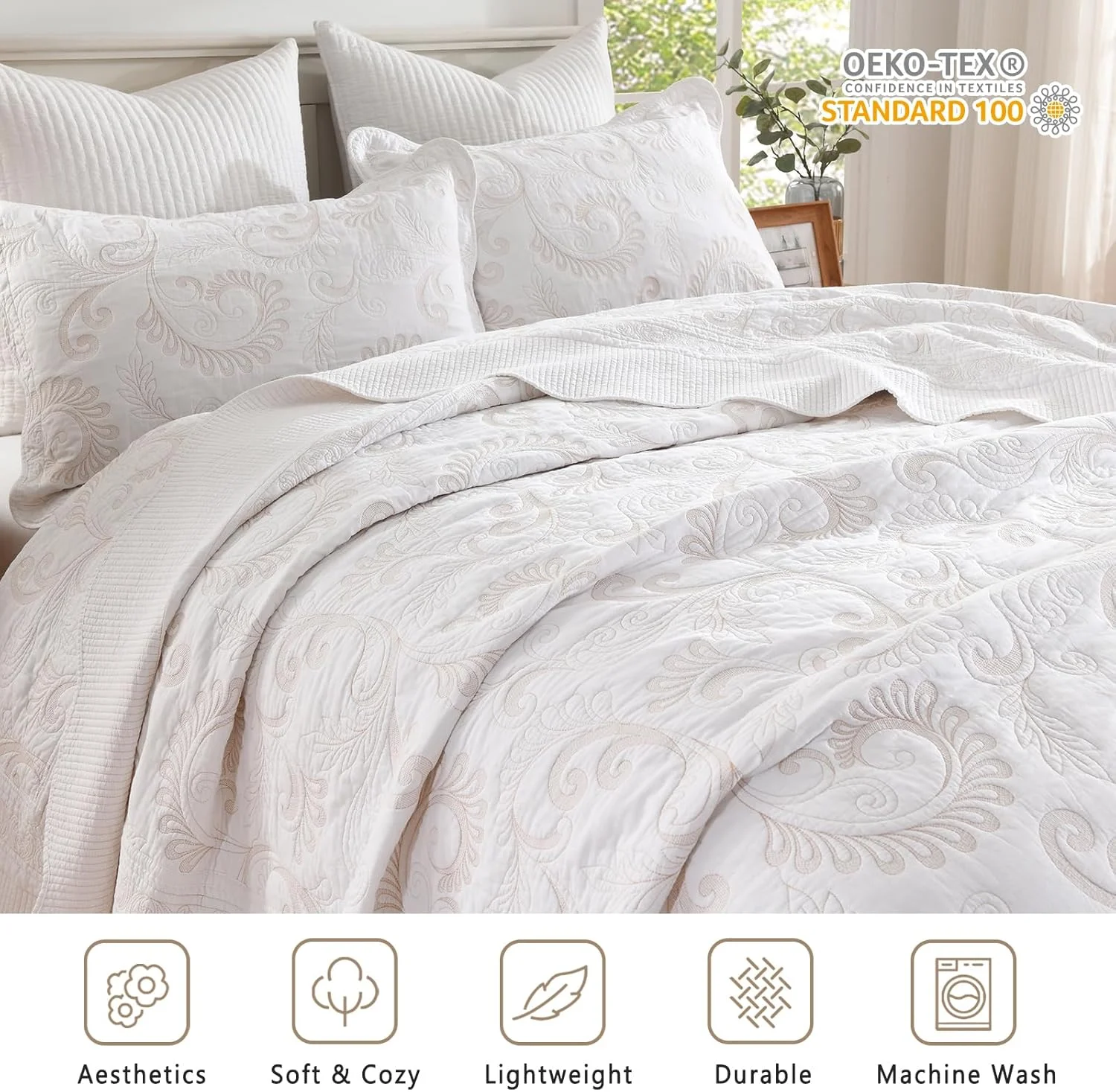 روتختی کینگ سایز بزرگ SOElinens 120x120 - گلدوزی طرح گل و بوته با لبه دالبری، ست لحاف کالیفرنیا کینگ، ست روانداز سبک و نازک 3 تکه، 100% پنبه، کالیفرنیا کینگ، بژ/سفید روتختی کینگ سایز بزرگ SOElinens 120x120 - گلدوزی طرح گل و بوته با لبه دالبری، ست لحاف کالیفرنیا کینگ، ست روانداز سبک و نازک 3 تکه، 100% پنبه، کالیفرنیا کینگ، بژ/سفید