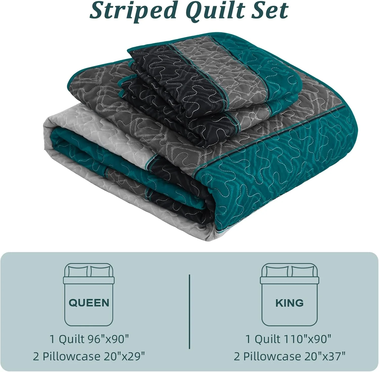 ست لحاف بوهو سایز کوئین، ست روتختی راه راه چهارخانه، ست روتختی آبی طاووسی، ست روتختی میکروفایبر نرم با 2 روبالشی 244x228 سانتی متر