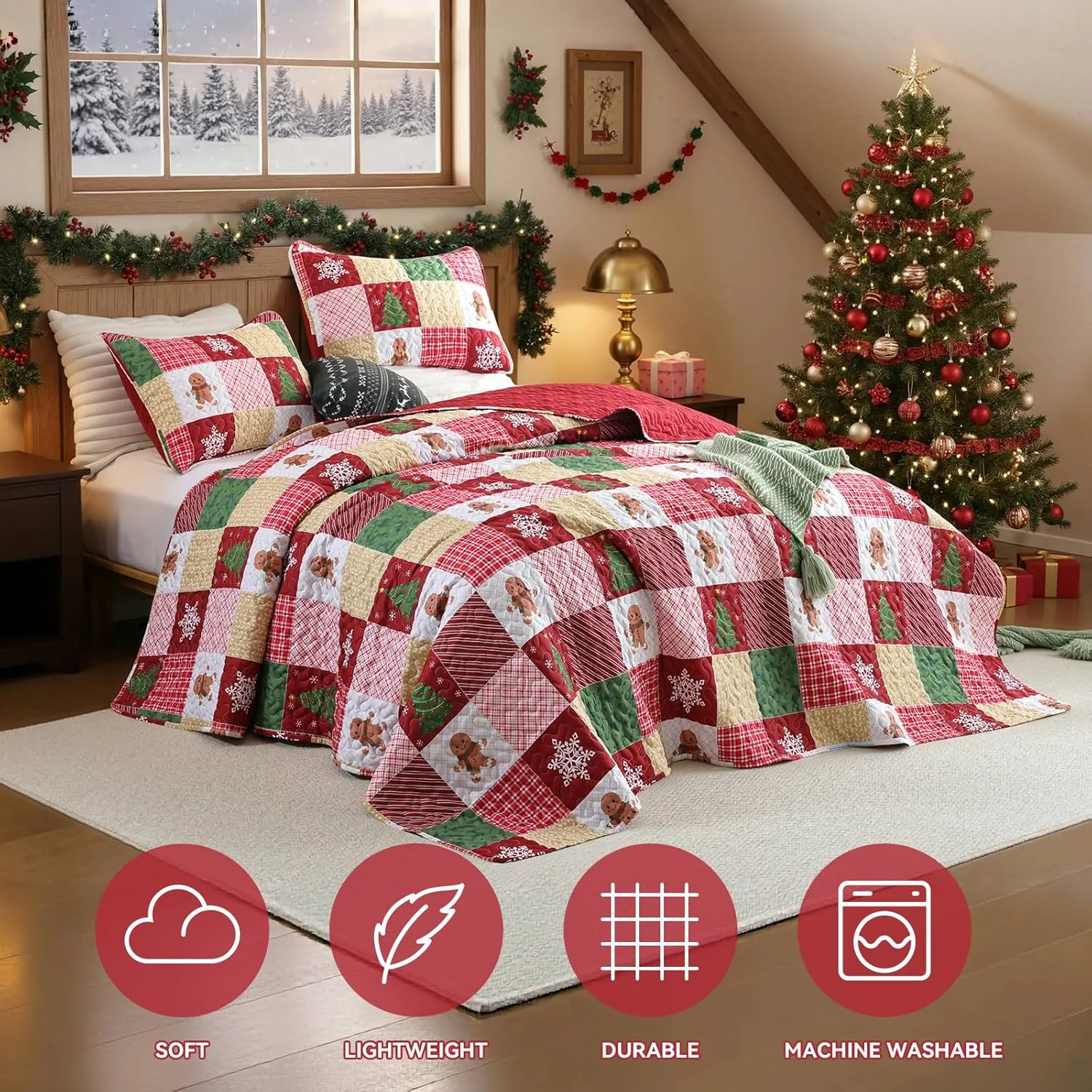 ست لحاف کریسمس سایز کوئین - روتختی تکه دوزی چهارخانه با طرح زنجبیلی، درخت کریسمس و دانه برف، لحاف سبک و نرم زمستانی برای هدیه و دکوراسیون منزل در تعطیلات ست لحاف کریسمس سایز کوئین - روتختی تکه دوزی چهارخانه با طرح زنجبیلی، درخت کریسمس و دانه برف، لحاف سبک و نرم زمستانی برای هدیه و دکوراسیون منزل در تعطیلات