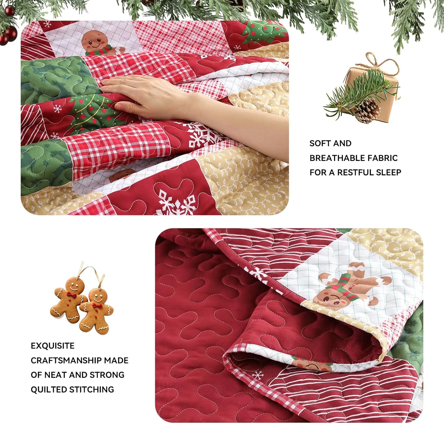 ست لحاف کریسمس سایز کوئین - روتختی تکه دوزی چهارخانه با طرح زنجبیلی، درخت کریسمس و دانه برف، لحاف سبک و نرم زمستانی برای هدیه و دکوراسیون منزل در تعطیلات ست لحاف کریسمس سایز کوئین - روتختی تکه دوزی چهارخانه با طرح زنجبیلی، درخت کریسمس و دانه برف، لحاف سبک و نرم زمستانی برای هدیه و دکوراسیون منزل در تعطیلات
