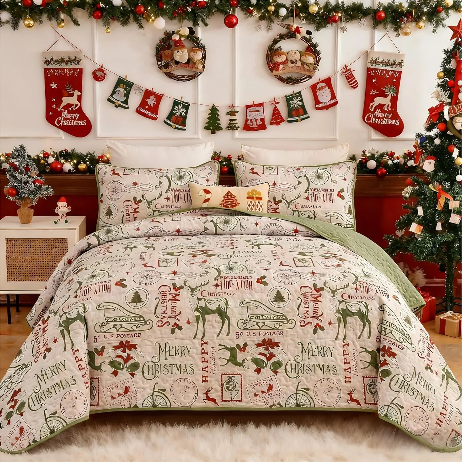 Drucon Christmas Quilt Set Queen Size,Green Merry Christmas Beddding Set with Deer Sled Tree Postmark and Bell Pattern,3 Piece Bedspread with 2 Pillowcases (96"x90") Drucon Christmas Quilt Set Queen Size,Green Merry Christmas Beddding Set with Deer Sled Tree Postmark and Bell Pattern,3 Piece Bedspread with 2 Pillowcases (96"x90")