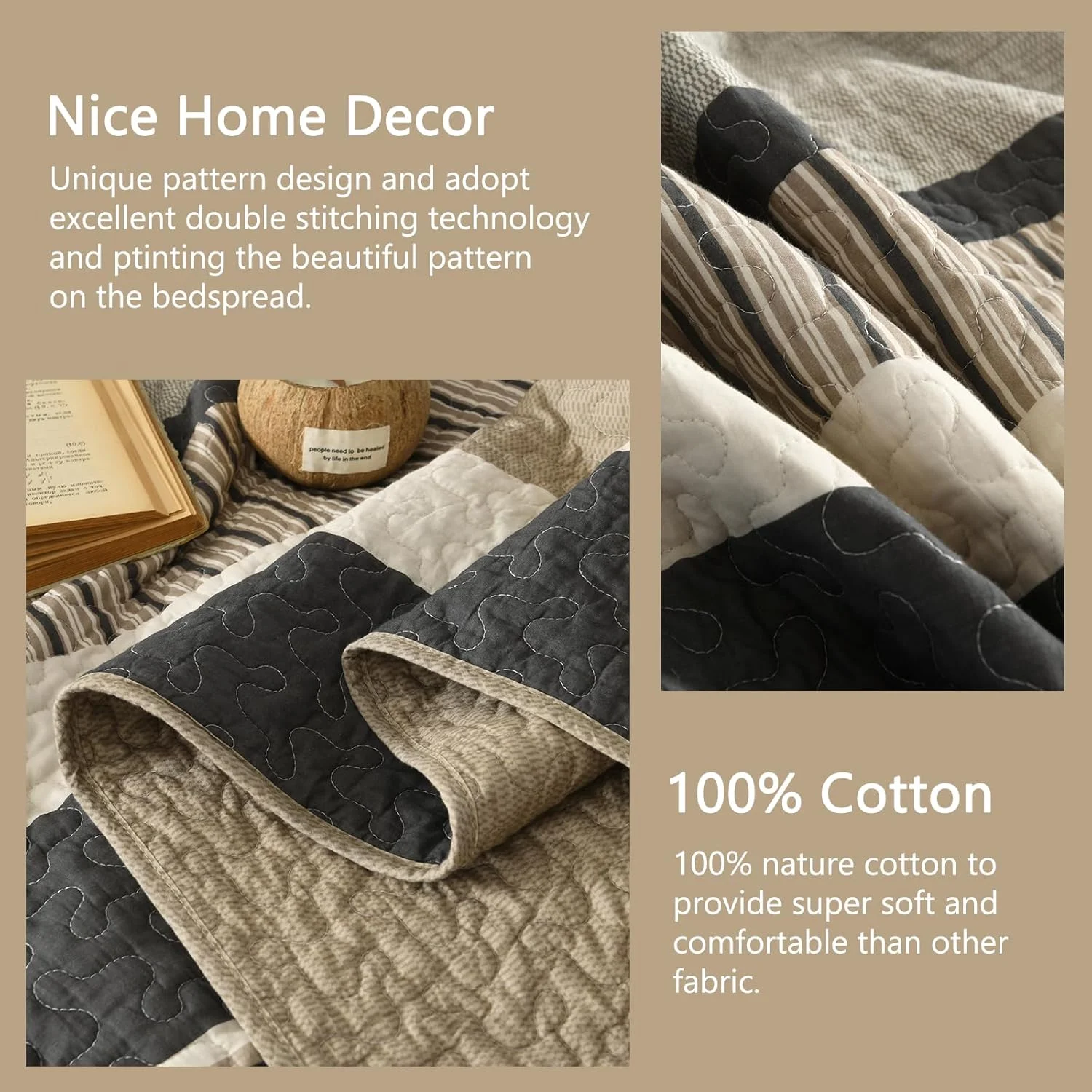 Finlonte Bedspread King Size 100% Cotton Oversized King Size Bedspreads Charcoal Brown Beige Extra Super King Quilted Bed Spread Striped Farmhouse Lightweight Soft Bedding Set for All Season, 3 Piece Finlonte Bedspread King Size 100% Cotton Oversized King Size Bedspreads Charcoal Brown Beige Extra Super King Quilted Bed Spread Striped Farmhouse Lightweight Soft Bedding Set for All Season, 3 Piece