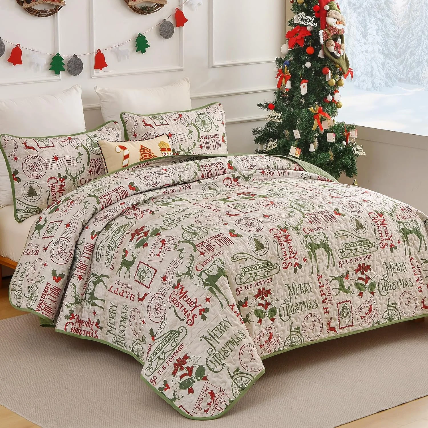 Drucon Christmas Quilt Set Queen Size,Green Merry Christmas Beddding Set with Deer Sled Tree Postmark and Bell Pattern,3 Piece Bedspread with 2 Pillowcases (96"x90")