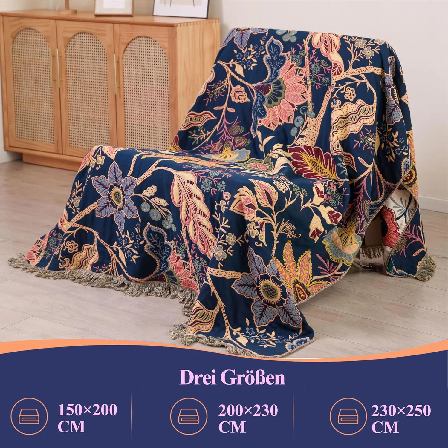 روتختی به سبک بوهو هوردری، 100% پنبه، 230 x 250 سانتی متر، طرح شکوفه انار، پتوی دو رو برای تخت، مبل و اتاق نشیمن، لحاف موسلین فوق العاده نرم برای همه روتختی به سبک بوهو هوردری، 100% پنبه، 230 x 250 سانتی متر، طرح شکوفه انار، پتوی دو رو برای تخت، مبل و اتاق نشیمن، لحاف موسلین فوق العاده نرم برای همه