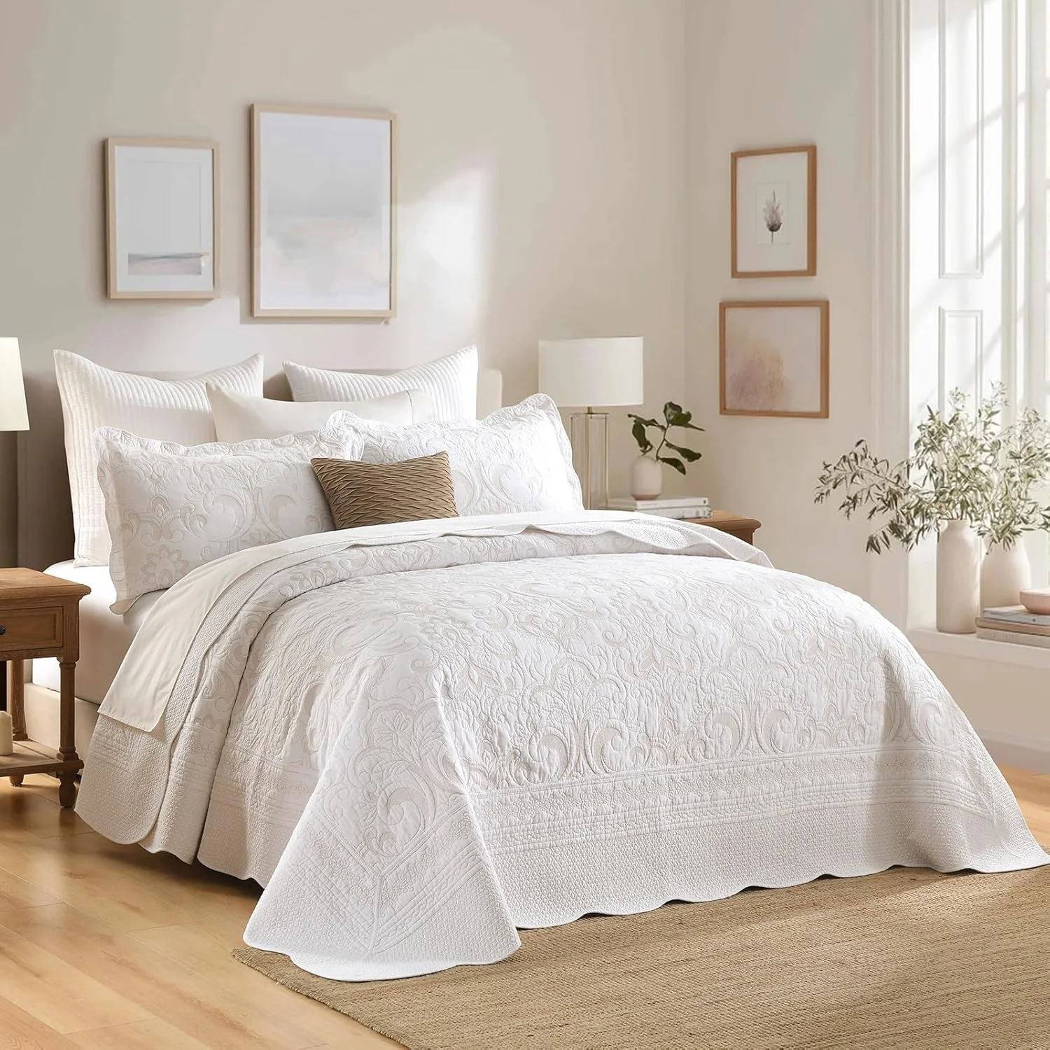 ست روتختی لحافی پنبهای سایز بزرگ Finlonte، 305x259 سانتیمتر، روتختیهای سایز بزرگ کوئین به همراه روبالشی، لحاف طرحدار گلدار برجسته سبک وزن، سفید/بژ ست روتختی لحافی پنبهای سایز بزرگ Finlonte، 305x259 سانتیمتر، روتختیهای سایز بزرگ کوئین به همراه روبالشی، لحاف طرحدار گلدار برجسته سبک وزن، سفید/بژ