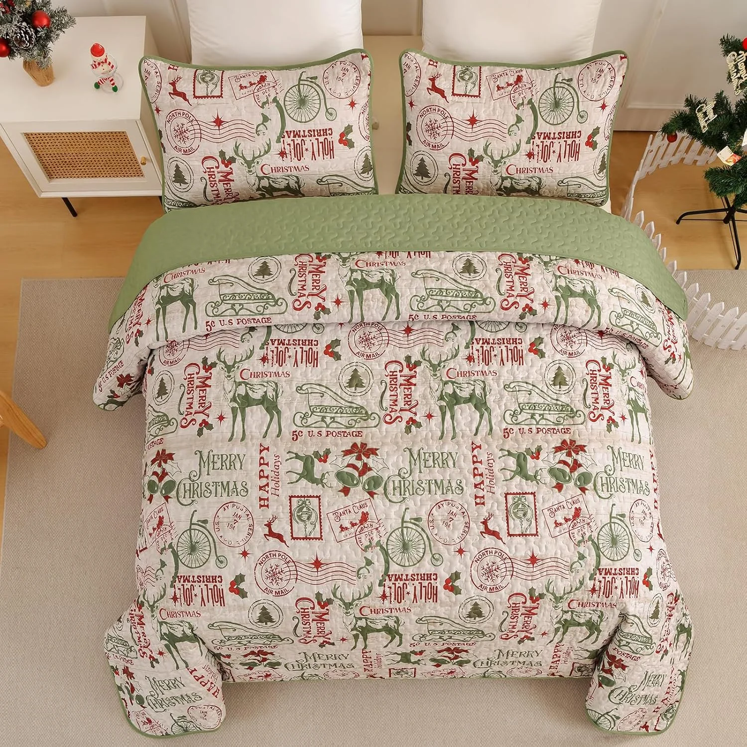 Drucon Christmas Quilt Set Queen Size,Green Merry Christmas Beddding Set with Deer Sled Tree Postmark and Bell Pattern,3 Piece Bedspread with 2 Pillowcases (96"x90")