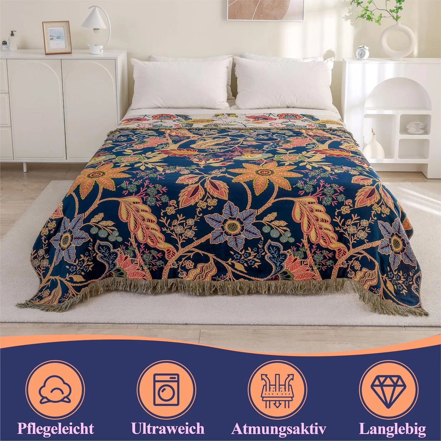 روتختی به سبک بوهو هوردری، 100% پنبه، 230 x 250 سانتی متر، طرح شکوفه انار، پتوی دو رو برای تخت، مبل و اتاق نشیمن، لحاف موسلین فوق العاده نرم برای همه روتختی به سبک بوهو هوردری، 100% پنبه، 230 x 250 سانتی متر، طرح شکوفه انار، پتوی دو رو برای تخت، مبل و اتاق نشیمن، لحاف موسلین فوق العاده نرم برای همه