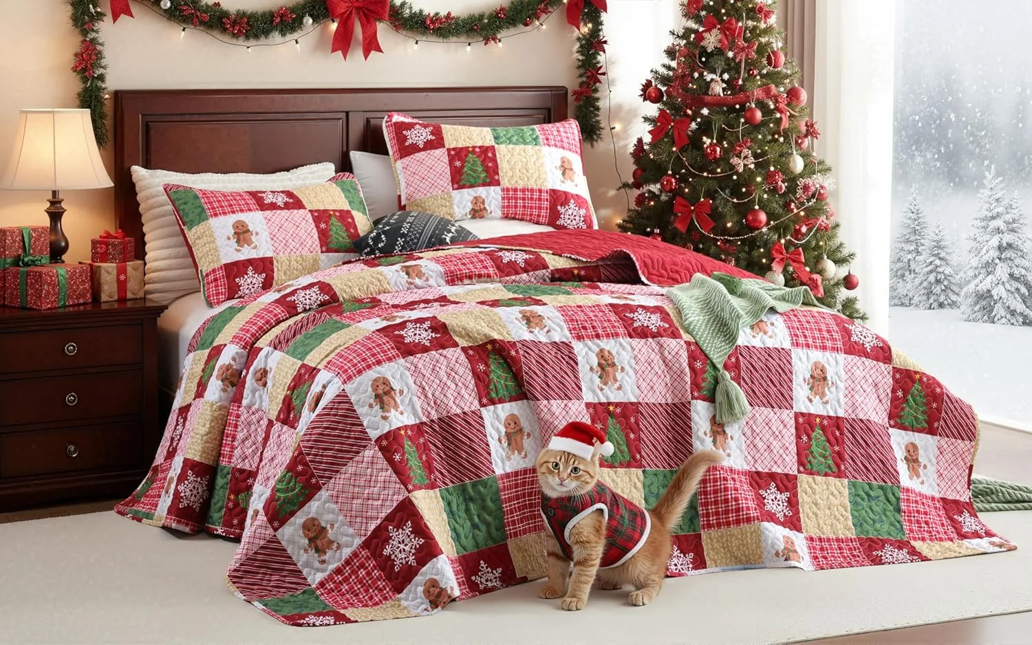 ست لحاف کریسمس سایز کوئین - روتختی تکه دوزی چهارخانه با طرح زنجبیلی، درخت کریسمس و دانه برف، لحاف سبک و نرم زمستانی برای هدیه و دکوراسیون منزل در تعطیلات ست لحاف کریسمس سایز کوئین - روتختی تکه دوزی چهارخانه با طرح زنجبیلی، درخت کریسمس و دانه برف، لحاف سبک و نرم زمستانی برای هدیه و دکوراسیون منزل در تعطیلات