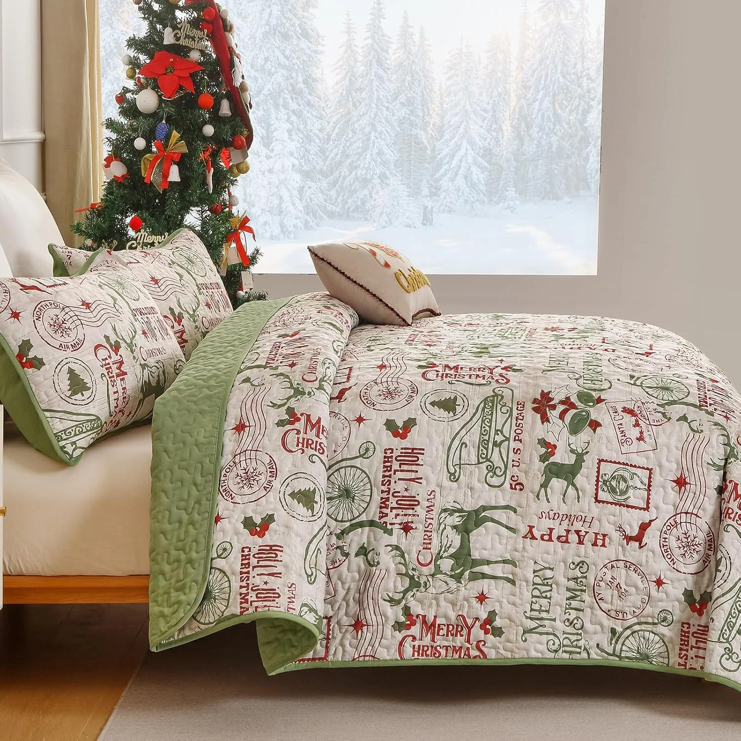 Drucon Christmas Quilt Set Queen Size,Green Merry Christmas Beddding Set with Deer Sled Tree Postmark and Bell Pattern,3 Piece Bedspread with 2 Pillowcases (96"x90")