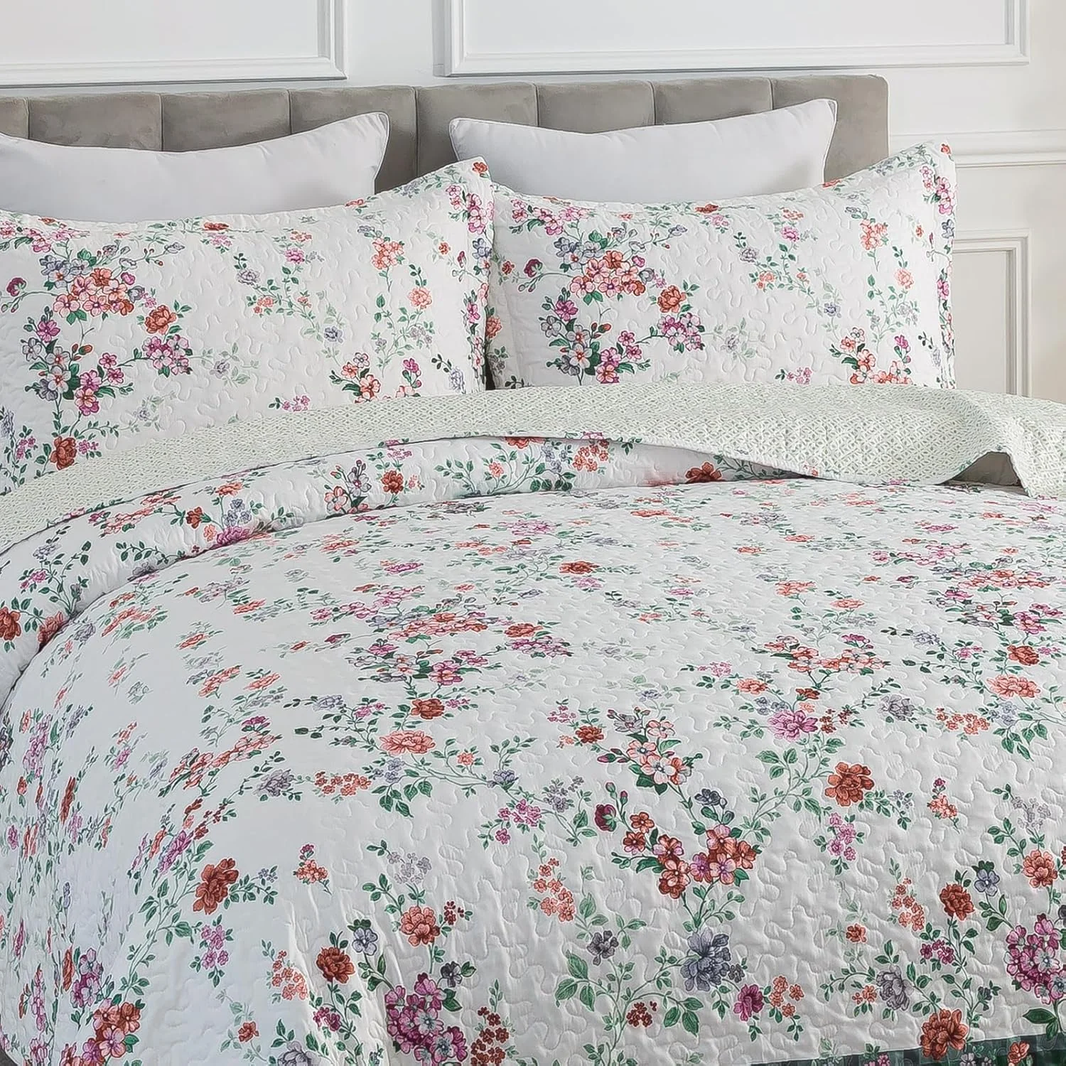 ست لحاف سه تکه تراوان، روتختی لحافی، ست رو تختی سبک وزن، طرح باغ گلدار، ست روتختی لحافی بزرگ با روبالشی برای تمام فصول، نفیس، سایز کینگ