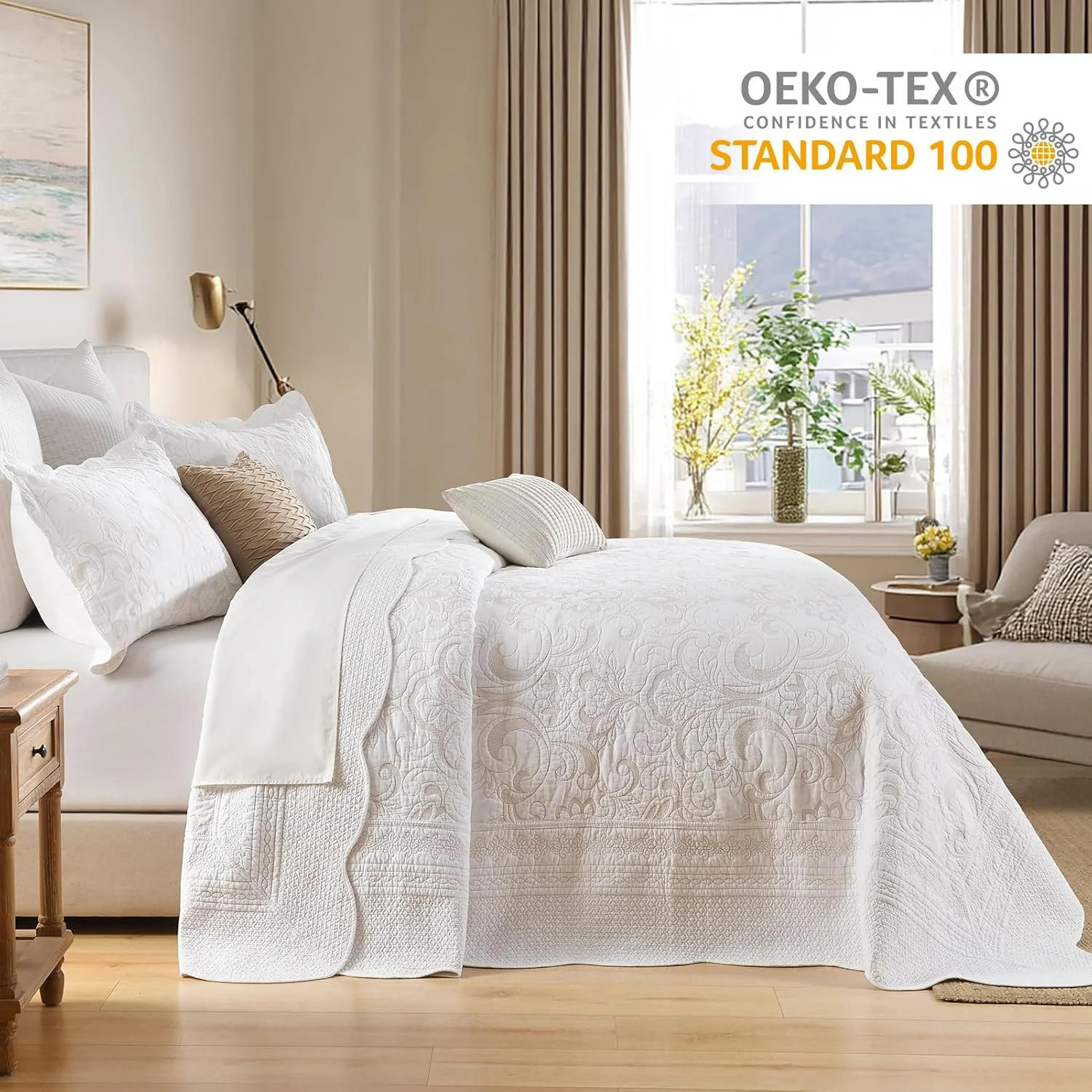 ست روتختی لحافی پنبه‌ای سایز بزرگ Finlonte، 305x259 سانتی‌متر، روتختی‌های سایز بزرگ کوئین به همراه روبالشی، لحاف طرح‌دار گل‌دار برجسته سبک وزن، سفید/بژ