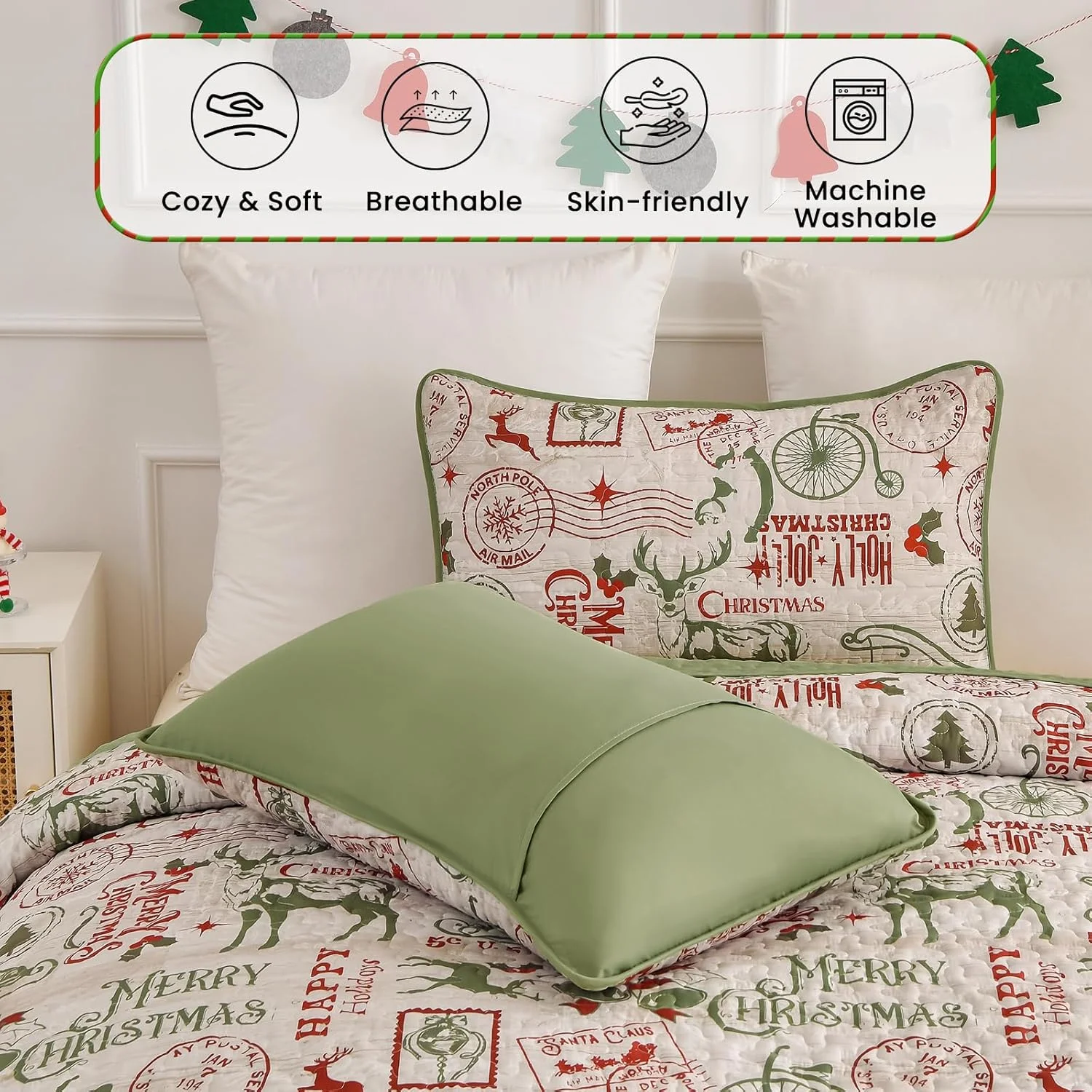 Drucon Christmas Quilt Set Queen Size,Green Merry Christmas Beddding Set with Deer Sled Tree Postmark and Bell Pattern,3 Piece Bedspread with 2 Pillowcases (96"x90")