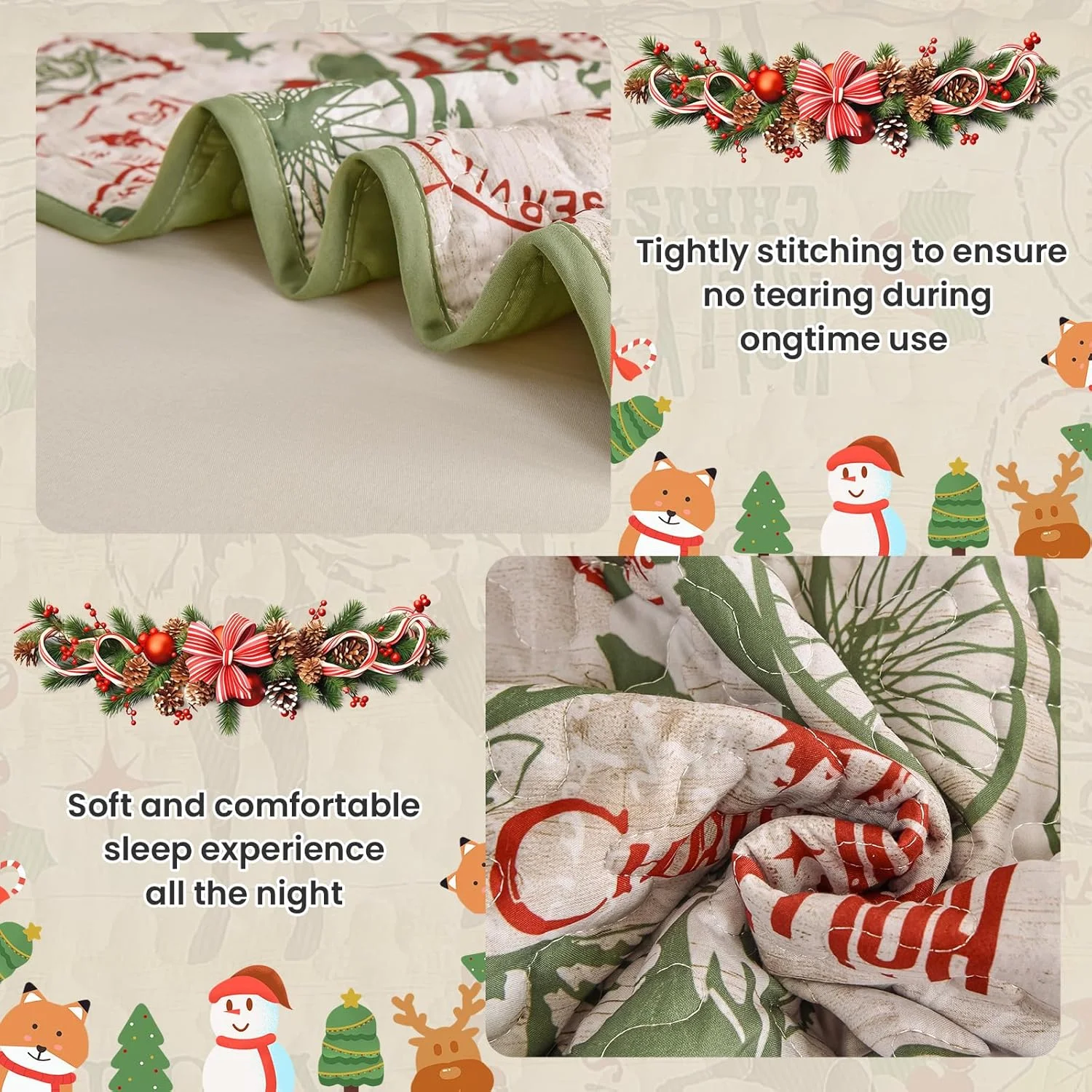 Drucon Christmas Quilt Set Queen Size,Green Merry Christmas Beddding Set with Deer Sled Tree Postmark and Bell Pattern,3 Piece Bedspread with 2 Pillowcases (96"x90")