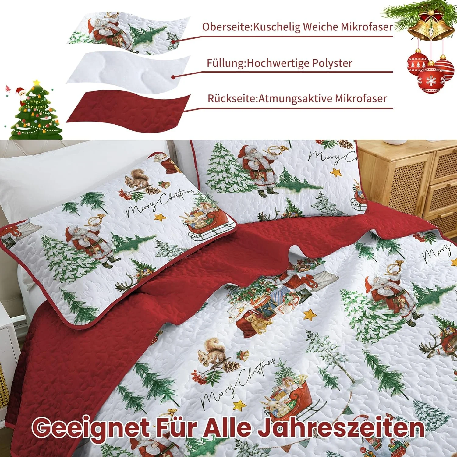 WONGS BEDDING Bedspread 220 x 240 cm Christmas Bed Throw Quilt Double Bed Quilted Microfibre 3-Piece Bedspreads Quilt Blanket with 2 Pillowcases 50 x 75 cm, White WONGS BEDDING Bedspread 220 x 240 cm Christmas Bed Throw Quilt Double Bed Quilted Microfibre 3-Piece Bedspreads Quilt Blanket with 2 Pillowcases 50 x 75 cm, White