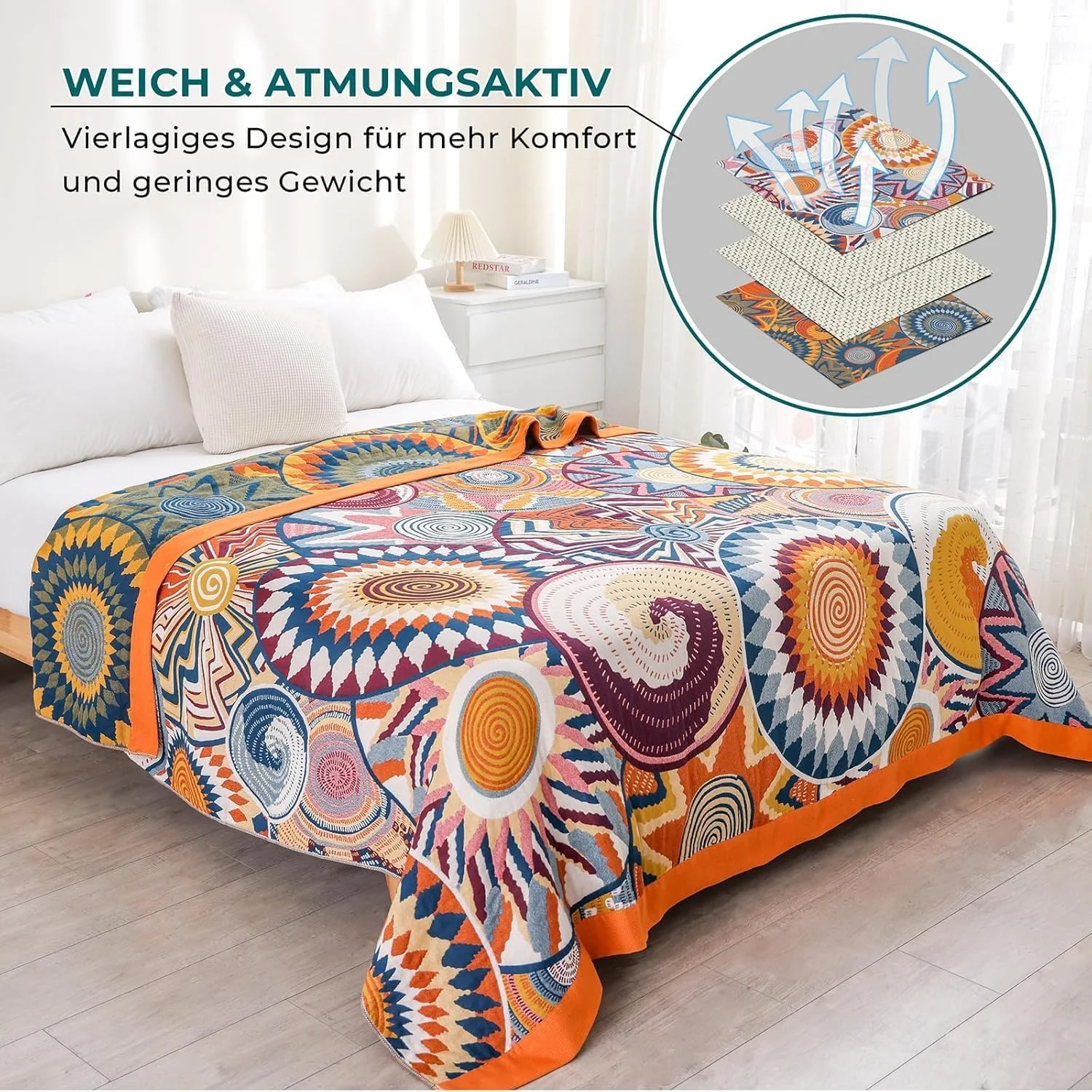 روتختی نخی پریمیوم هوردری، پتوی بغل کردنی دو طرفه، روتختی بوهو، 230 x 250 سانتی متر، رو مبلی، رو تختی، پتوی موسلین نخی برای تمام فصول