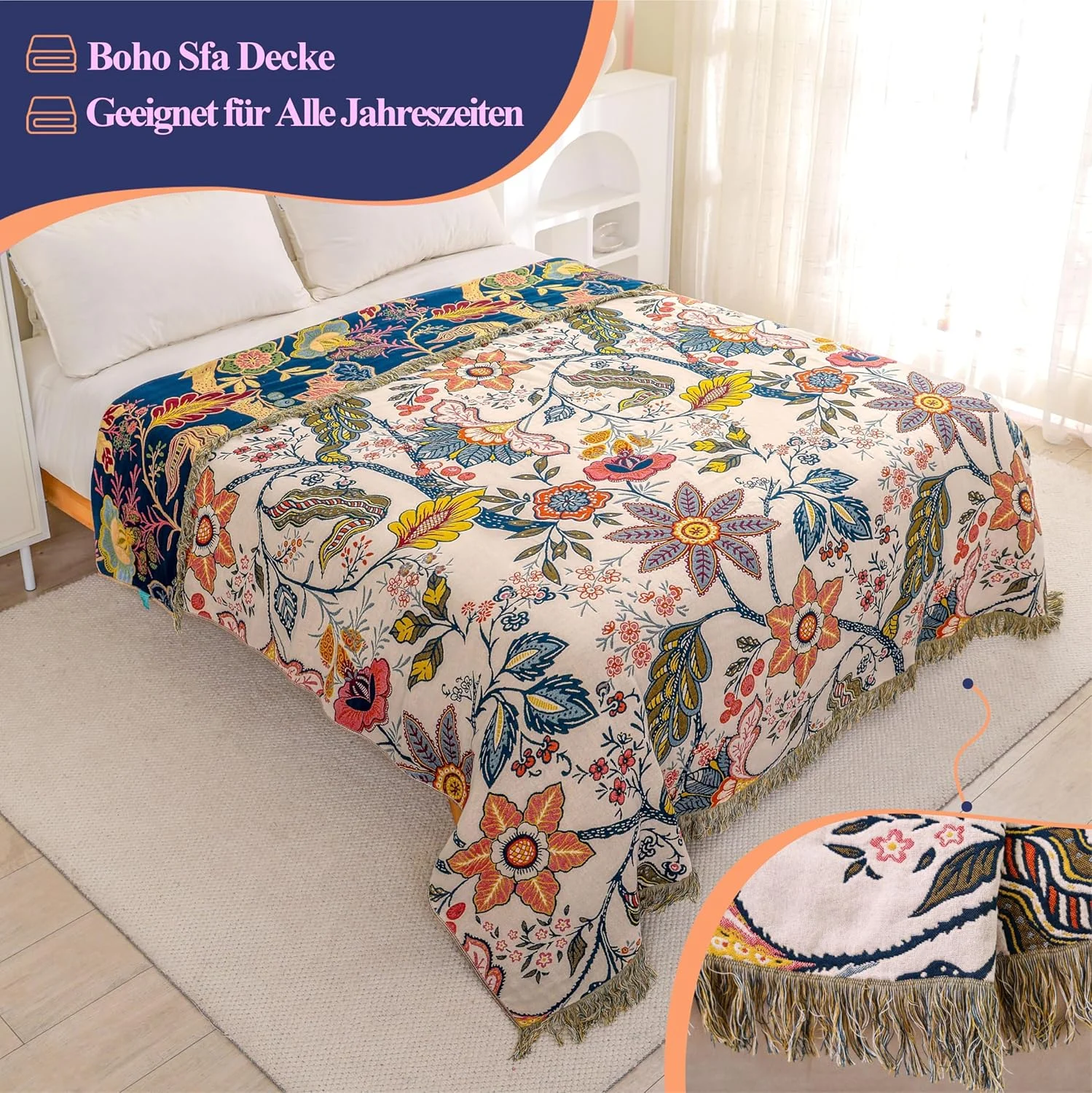 روتختی به سبک بوهو هوردری، 100% پنبه، 230 x 250 سانتی متر، طرح شکوفه انار، پتوی دو رو برای تخت، مبل و اتاق نشیمن، لحاف موسلین فوق العاده نرم برای همه روتختی به سبک بوهو هوردری، 100% پنبه، 230 x 250 سانتی متر، طرح شکوفه انار، پتوی دو رو برای تخت، مبل و اتاق نشیمن، لحاف موسلین فوق العاده نرم برای همه